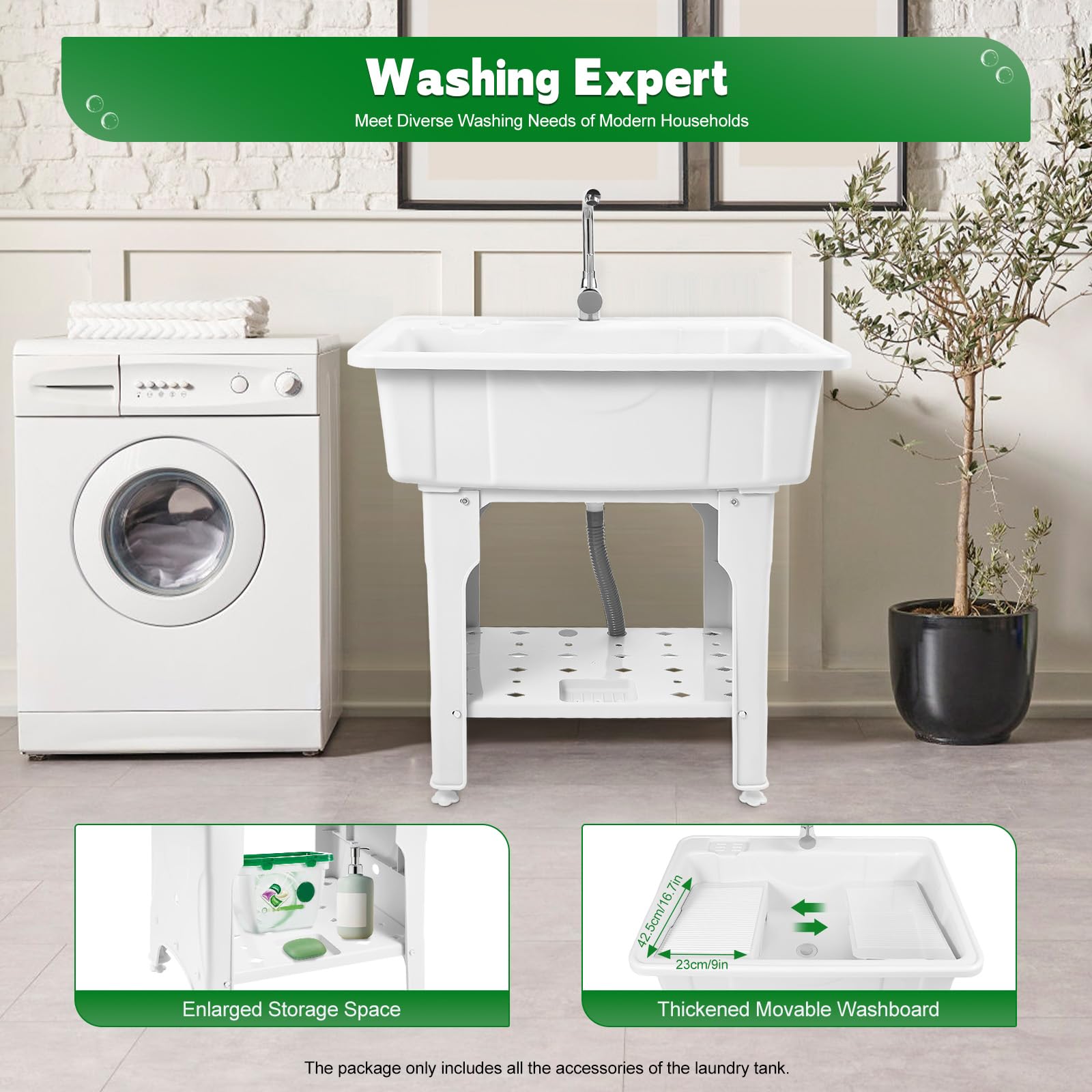 Freestanding Laundry Sink with Faucet & Storage - White Plastic Wash Basin for Indoor/Outdoor Use in Laundry Rooms & Garages