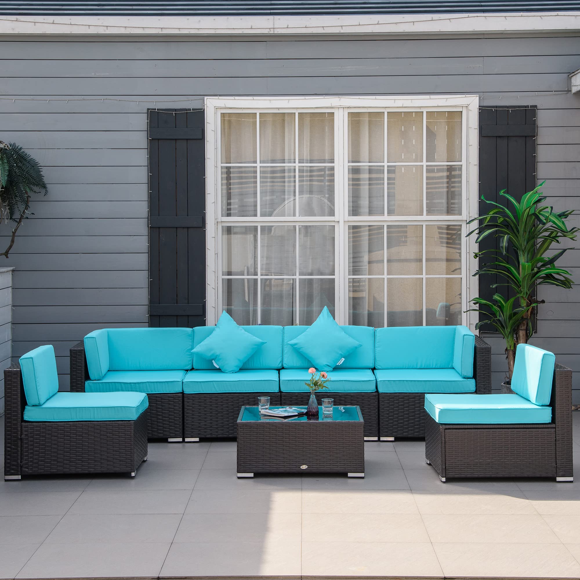 Outsunny 7-Piece All-Weather PE Rattan Patio Furniture Set, Outdoor Wicker Sectional Sofa with Cushions & Tempered Glass Table - Turquoise - Perfect for Garden, Backyard, Poolside & Patio Relaxation