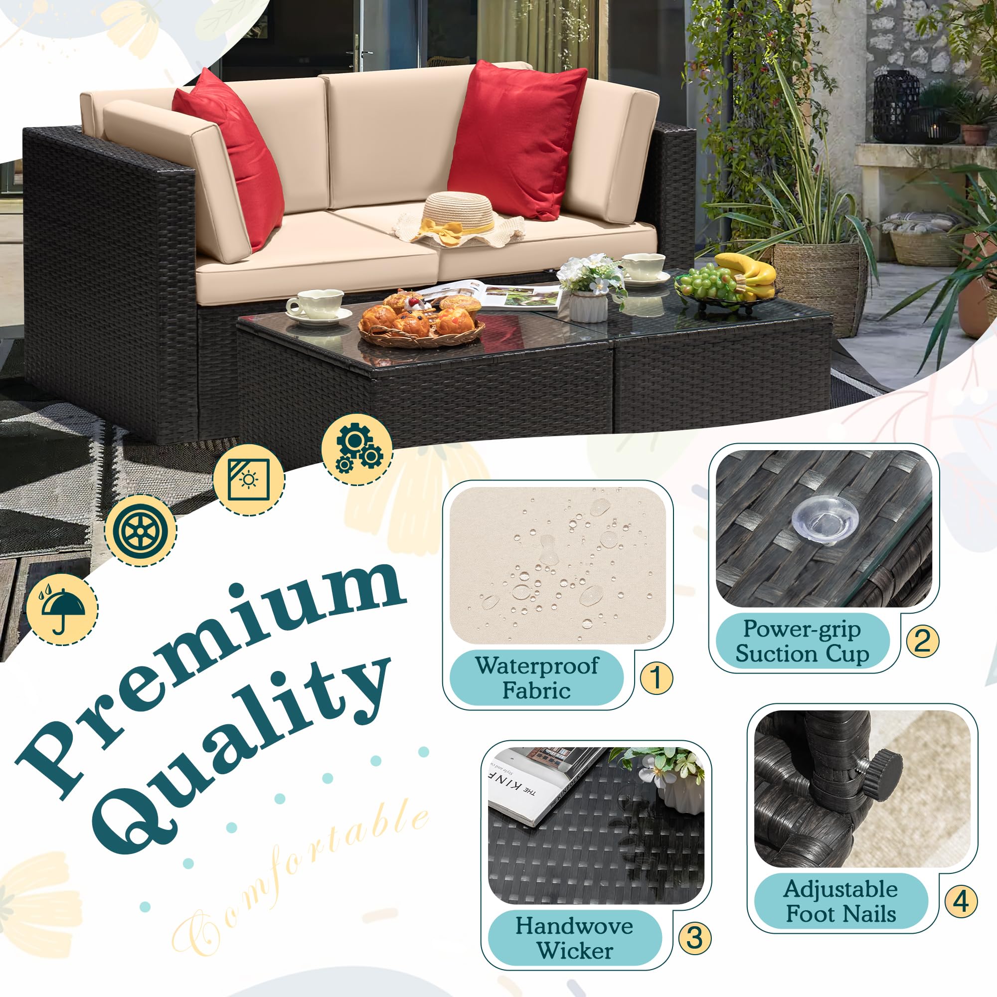 Devoko 4-Piece Outdoor Patio Furniture Set - PE Wicker Rattan Sectional Sofa with Weather-Resistant Cushions for Balcony, Backyard, Garden (Beige) | Perfect for Lounging, Entertaining Guests & Relaxing in Your Outdoor Space