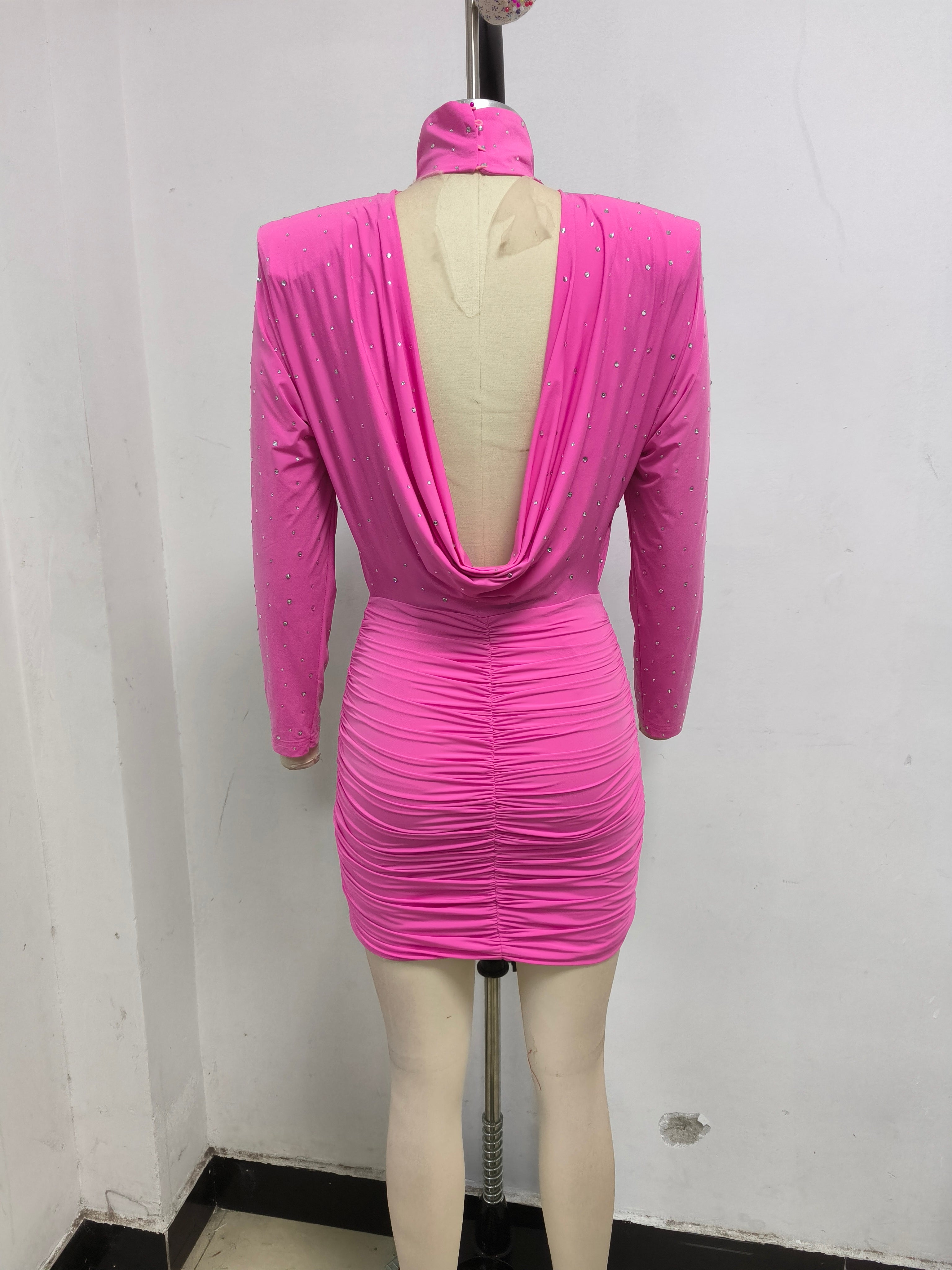 Pink Crystal Embellished Ruched Bodycon Mini Dress - Perfect for Night Out, Party, and Special Occasions