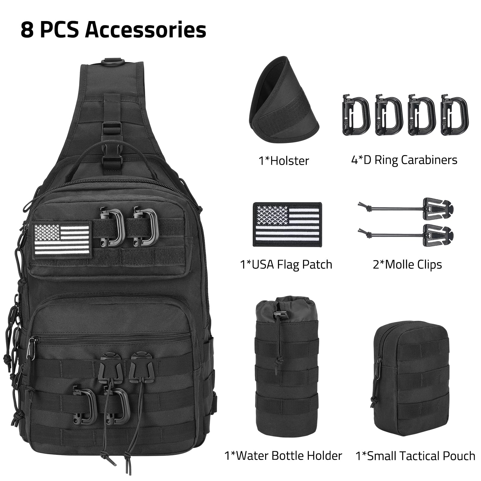 CVLIFE Tactical Sling Bag Backpack for Men - Military Shoulder Sling Bag with MOLLE System, Detachable Army Assault Pack & Water Bottle Holder - Concealed Carry Day Pack for EDC, Hiking, Work & Outdoor Adventures (Black)