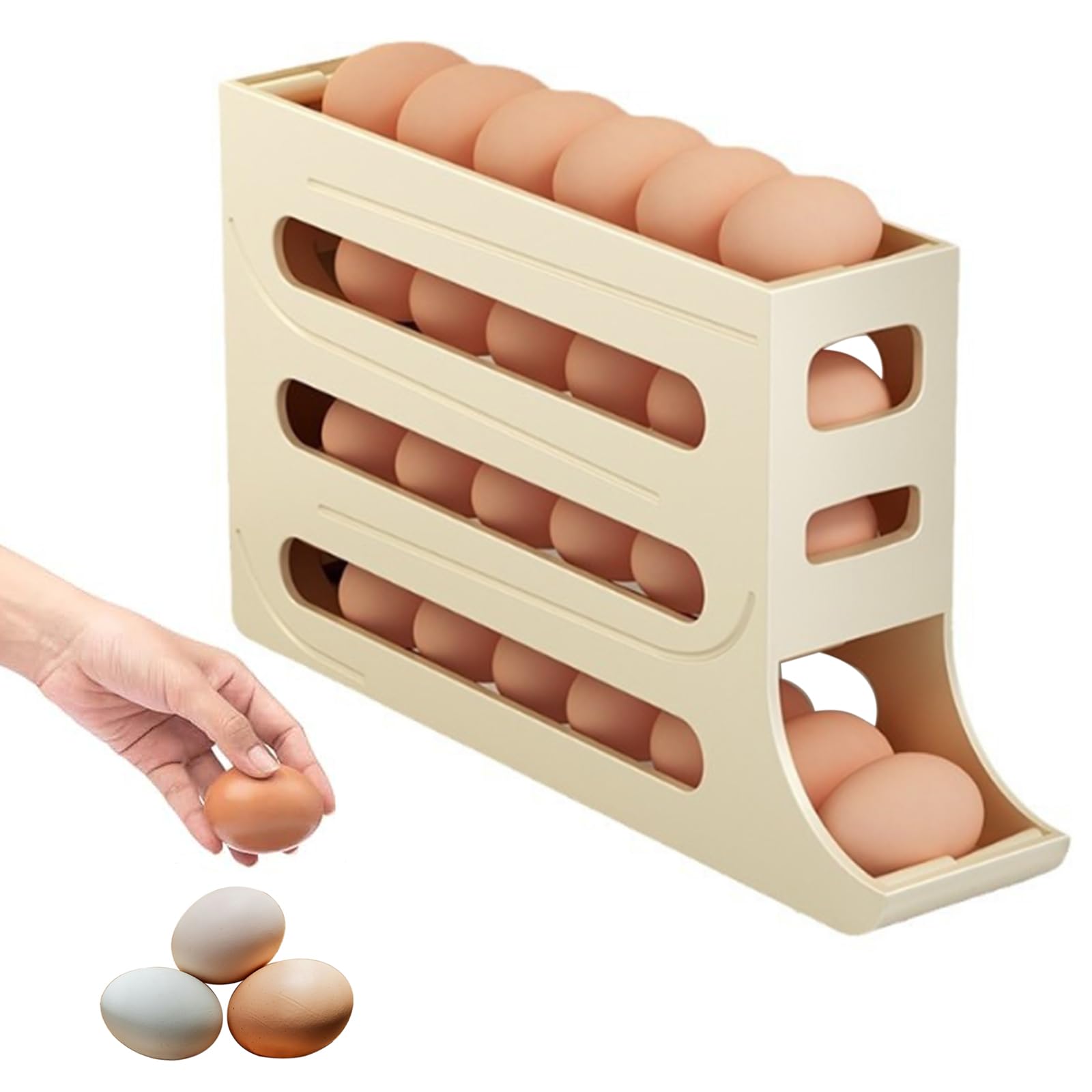 4-Tier Auto Rolling Fridge Egg Organizer - Space Saving Refrigerator Egg Holder & Dispenser - Yellow - Perfect for Kitchen Organization & Easy Breakfast Prep