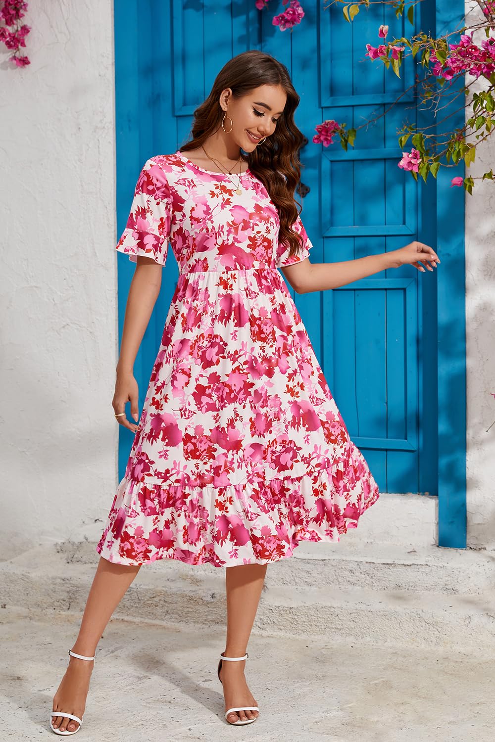 STYLEWORD Women's Summer 2025 Casual Short Sleeve Tiered Flowy Spring Dress - Long Midi Beach Sundress for Vacation, Party, Brunch & Outdoor Activities