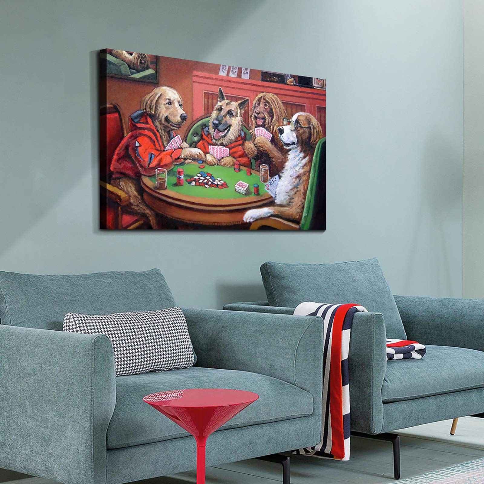 Denozer - Dogs Playing Poker by Cassius Marcellus Coolidge Oil Painting Reproduction - Premium Giclee Canvas Print, Gallery Wrapped & Ready to Hang (48x32 inches) - Perfect for Entertainment Room, Game Room, or Man Cave Wall Decor