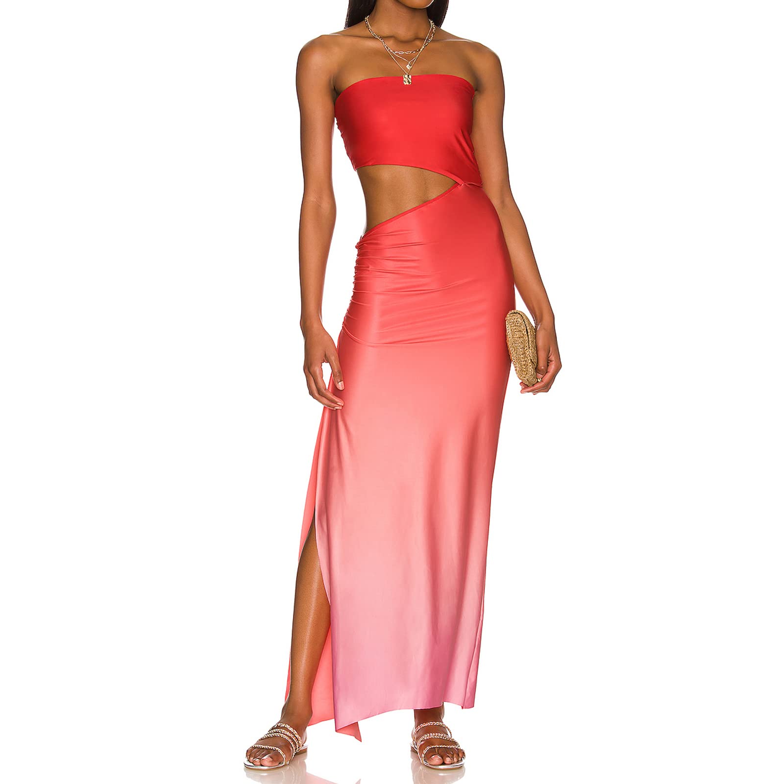 Sexy Strapless Maxi Dress for Women - Sleeveless Summer Long Dress with Cutout, Gradient Floral Print & High Slit - Perfect for Beach Parties, Weddings & Night Out
