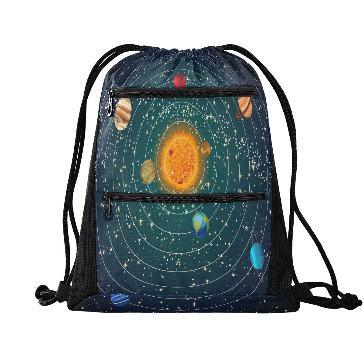 QMXO Universe Solar System Planets Drawstring Backpack - Gym Bag with Zip Pocket, Lightweight Sports Sackpack for Men, Women, Boys & Girls - Perfect for Travel, Yoga, School & Outdoor Activities