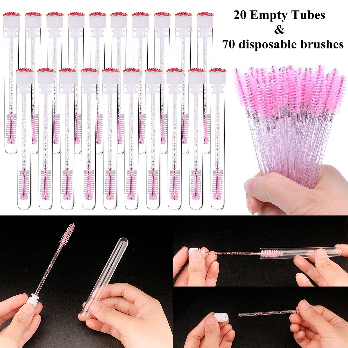 70 Pcs Disposable Mascara Brushes with 20 Empty Tubes - Eyelash Extension Wand Set for Professional Lash Artists (Scale Pink) - Perfect for Salon, Spa & Home Lash Application
