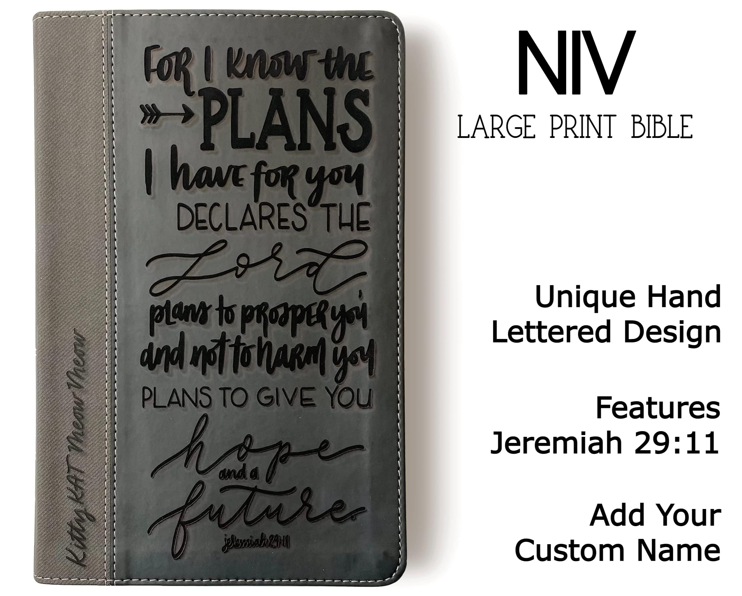 Hand Lettered & Laser Engraved NIV Black/Gray Leathersoft Bible - Custom Name Personalization - Perfect Wedding, Baptism, Graduation & Birthday Gift - Ideal for Church, Bible Study & Daily Devotion