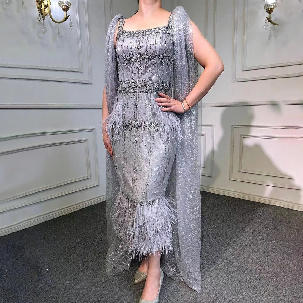 Serene Hill Grey Mermaid Evening Dress with Beading & Feather Detail - Sexy Mid-Length Gown with Thigh High Slit for Women | Perfect for Cocktail Parties, Prom & Formal Events 2025