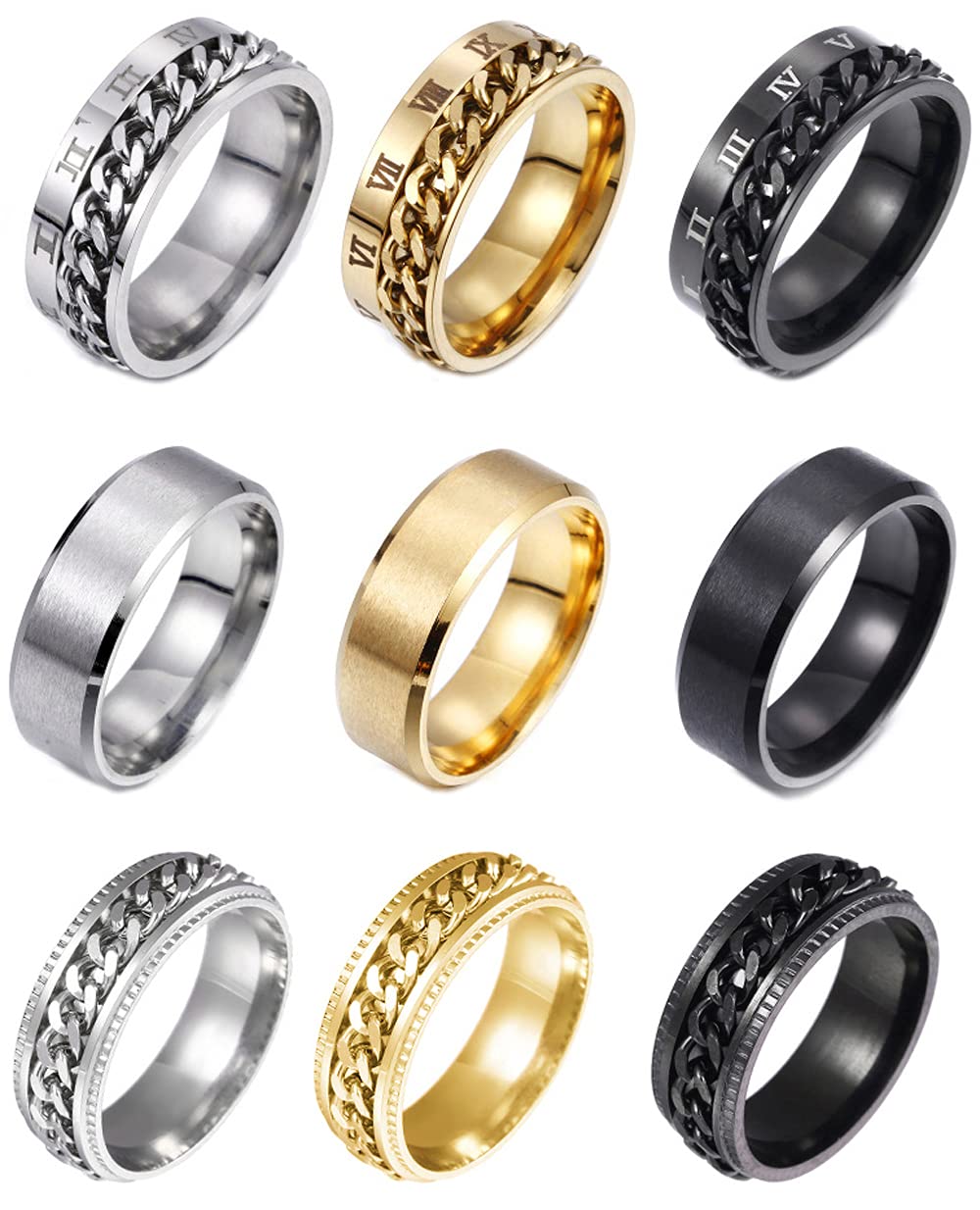 REVOLIA 9Pcs Stainless Steel Spinner Rings for Men & Women - Cool Fidget Jewelry for Stress Relief & Wedding Promise