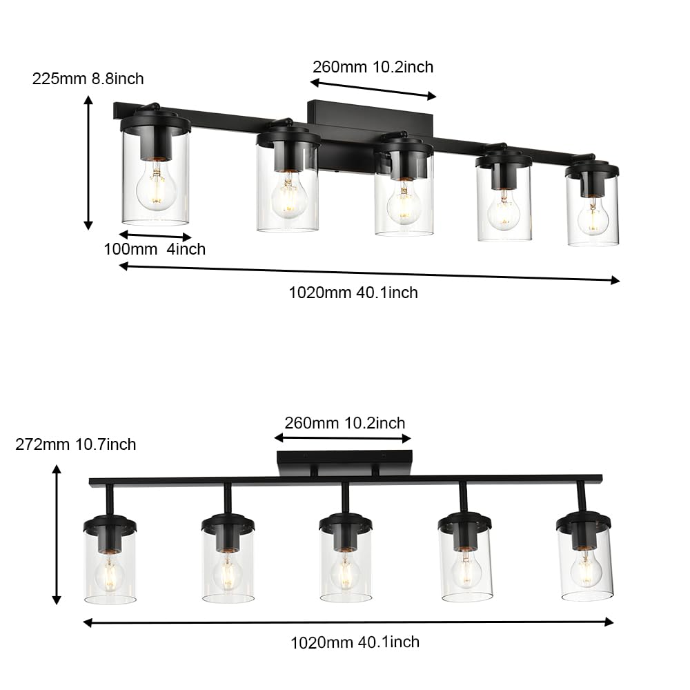 BONLICHT 5-Light Spotlight Track Lighting - Modern Semi Flush Mount Ceiling Light Fixture - Industrial Vintage Black Wall Sconce - Farmhouse Bathroom Vanity Light with Clear Glass Shade - Perfect for Living Room, Bedroom, Kitchen & Dining Room Lighting