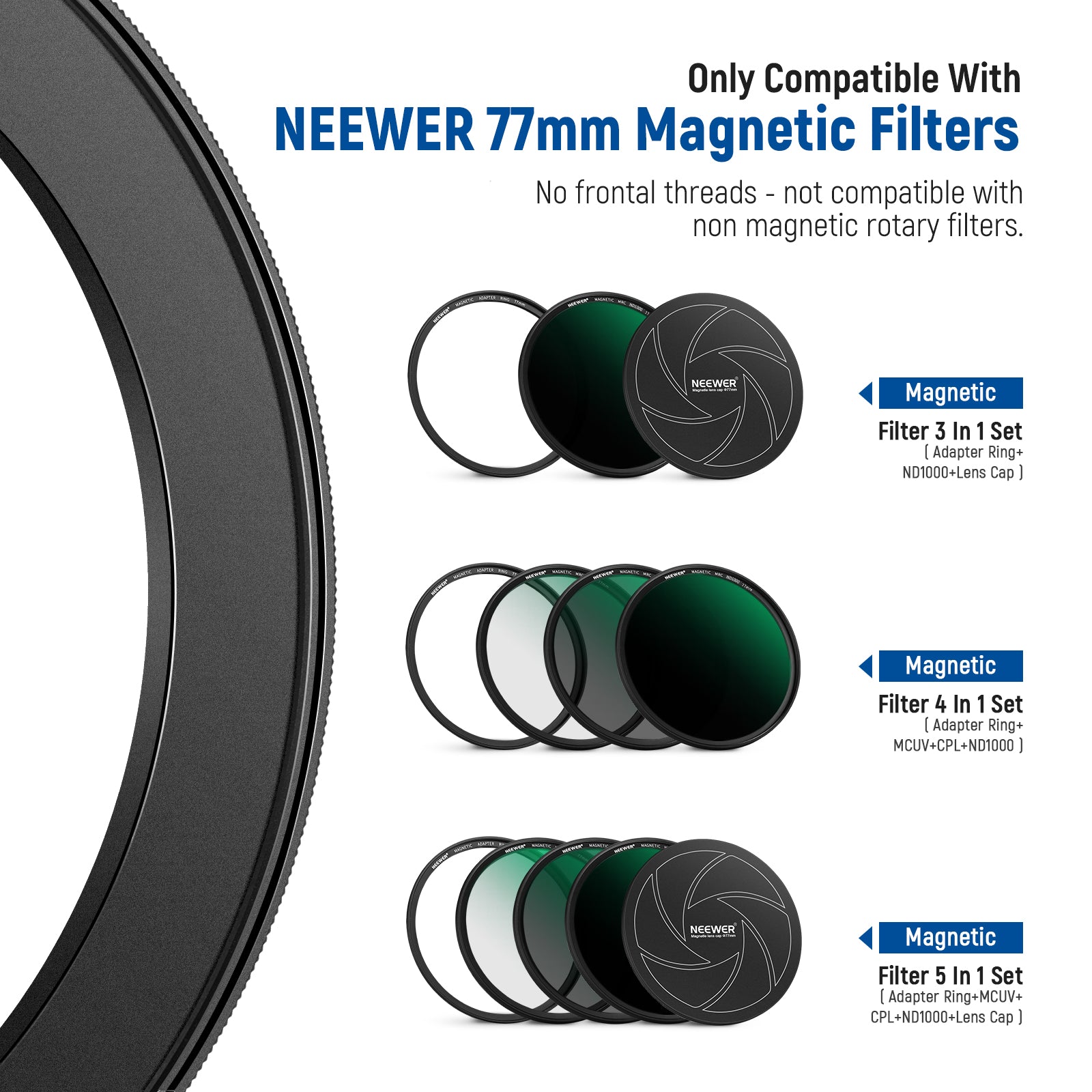 NEEWER Magnetic Step-Up Filter Ring Adapter Kit - Compatible with 52mm to 82mm Lens Filters - Perfect for DSLR, Mirrorless Cameras & Photography Accessories - Ideal for Outdoor, Portrait & Landscape Photography