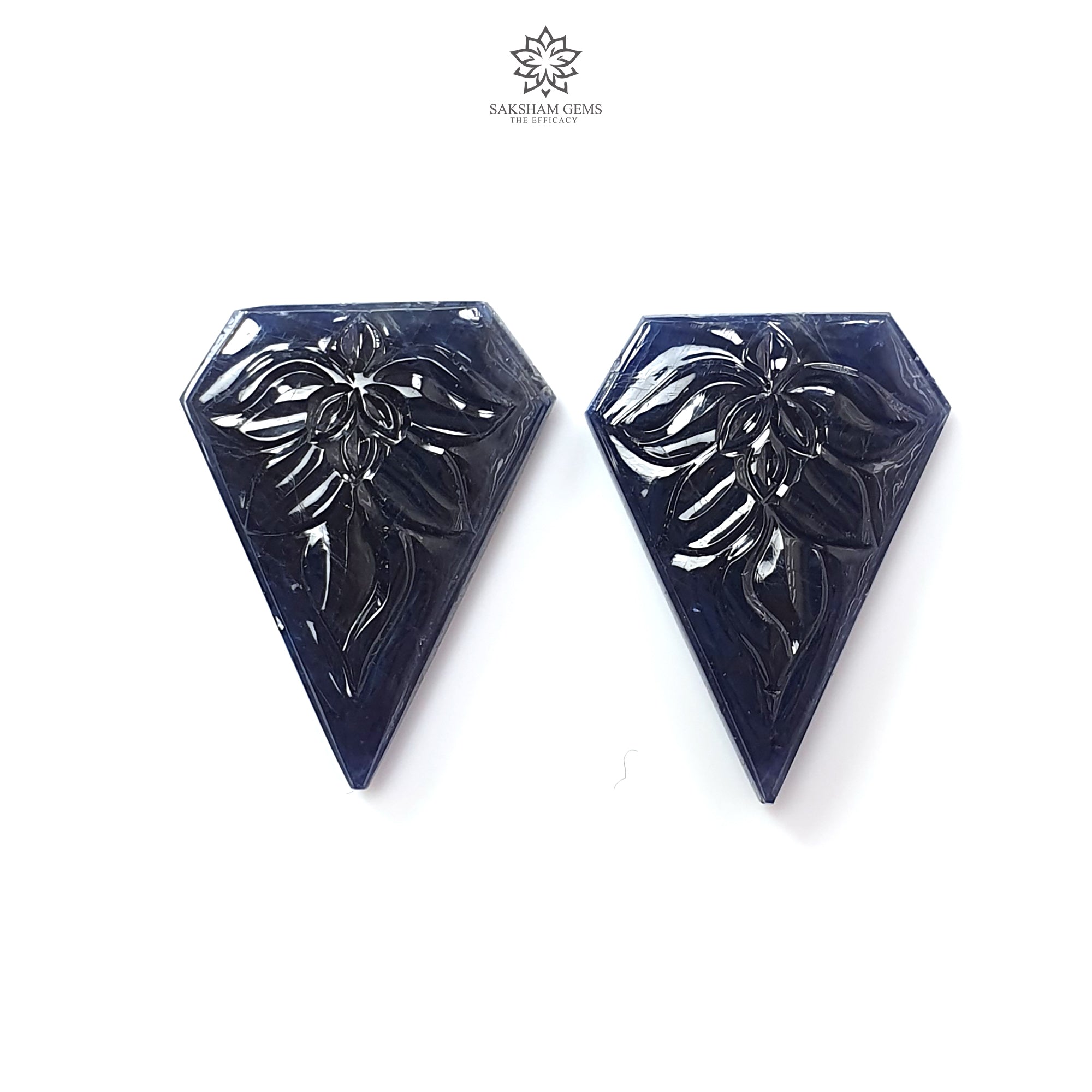 Natural Untreated Dark Blue Sapphire Gemstone Carving - 44.60cts Unheated Hand-Carved Fancy Shape 26x18mm Pair for Jewelry Making & Luxury Gifts