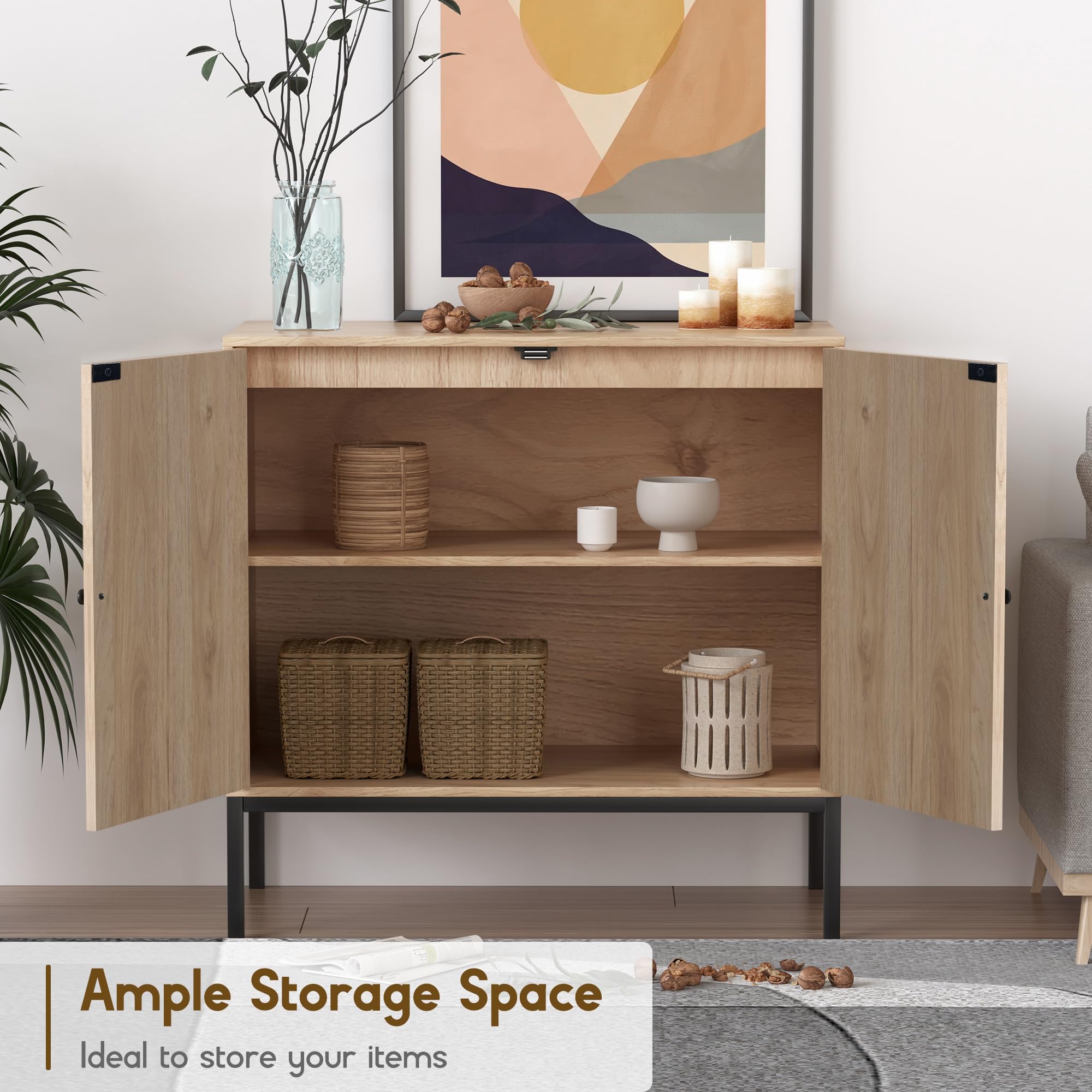 XIAO WEI Rattan Storage Cabinet with Doors - Modern Boho Farmhouse Accent Sideboard Buffet Cabinet with Metal Legs, Natural Finish - Perfect for Living Room, Hallway, Kitchen & Dining Room Storage & Decor