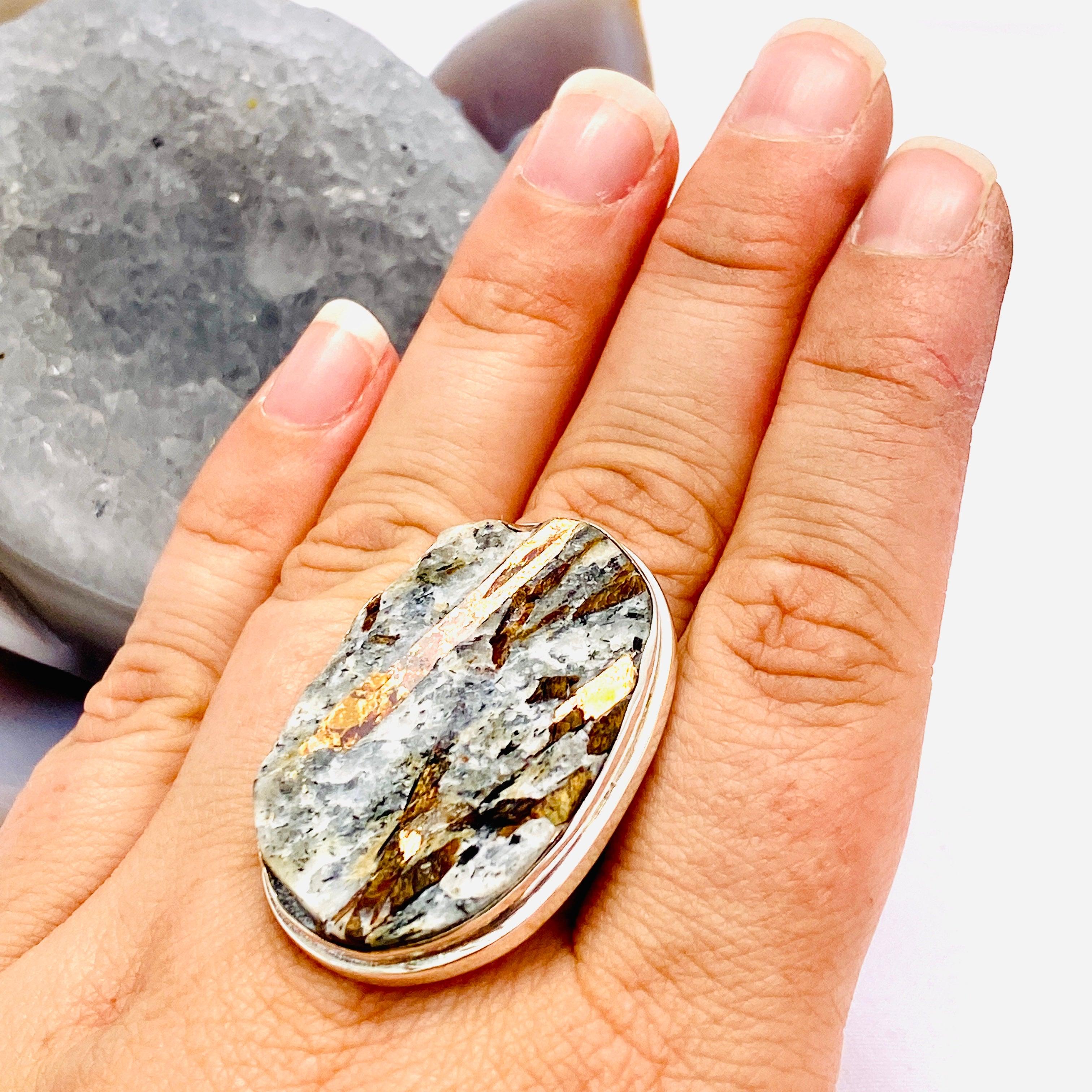 Golden Astrophyllite Oval Ring with Split Band - Size 10 - KRGJ1480 - Elegant Jewelry for Women, Perfect for Weddings, Parties & Gifts