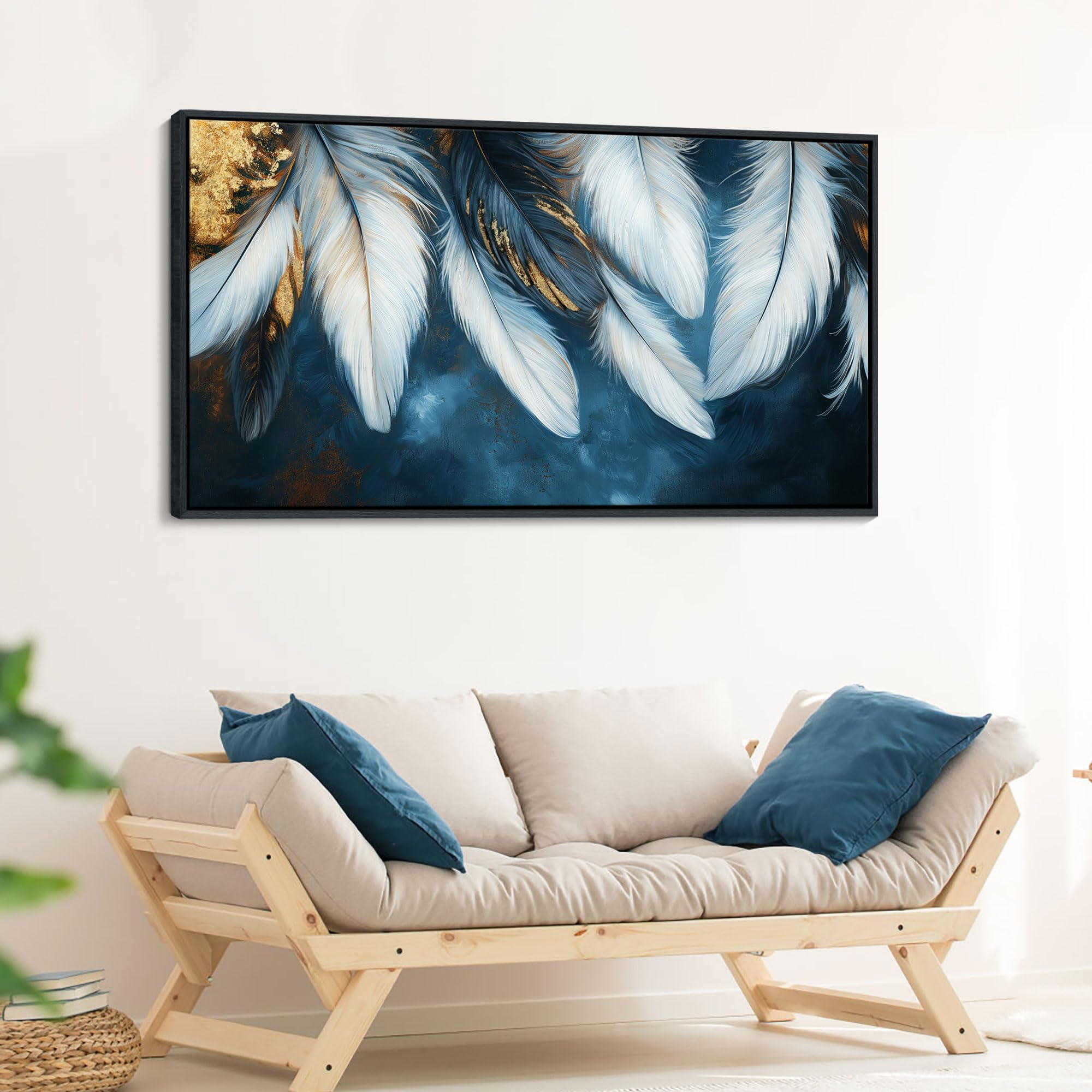 Blue and Gold Framed Wall Art - Navy Blue Feather Canvas Painting 24×48IN, Elegant Living Room & Bedroom Decor, Perfect Above Bed or Sofa for Modern Home Aesthetic