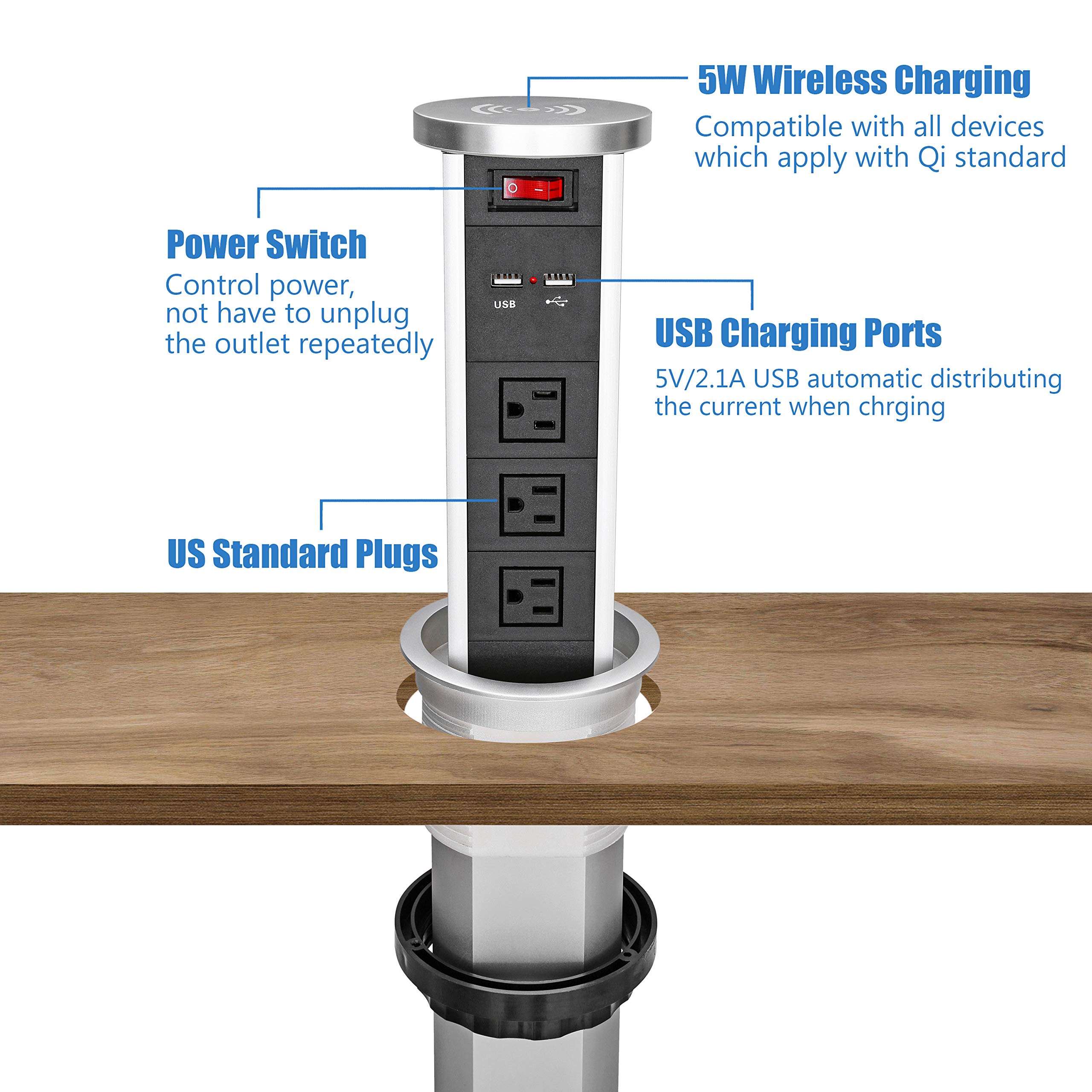 Automatic Pop-Up Power Strip with 3 Outlets & 2 USB Ports - Surge Protector with Wireless Charger for Office, Kitchen, Conference Room | Space-Saving Desk Organizer for Home & Work