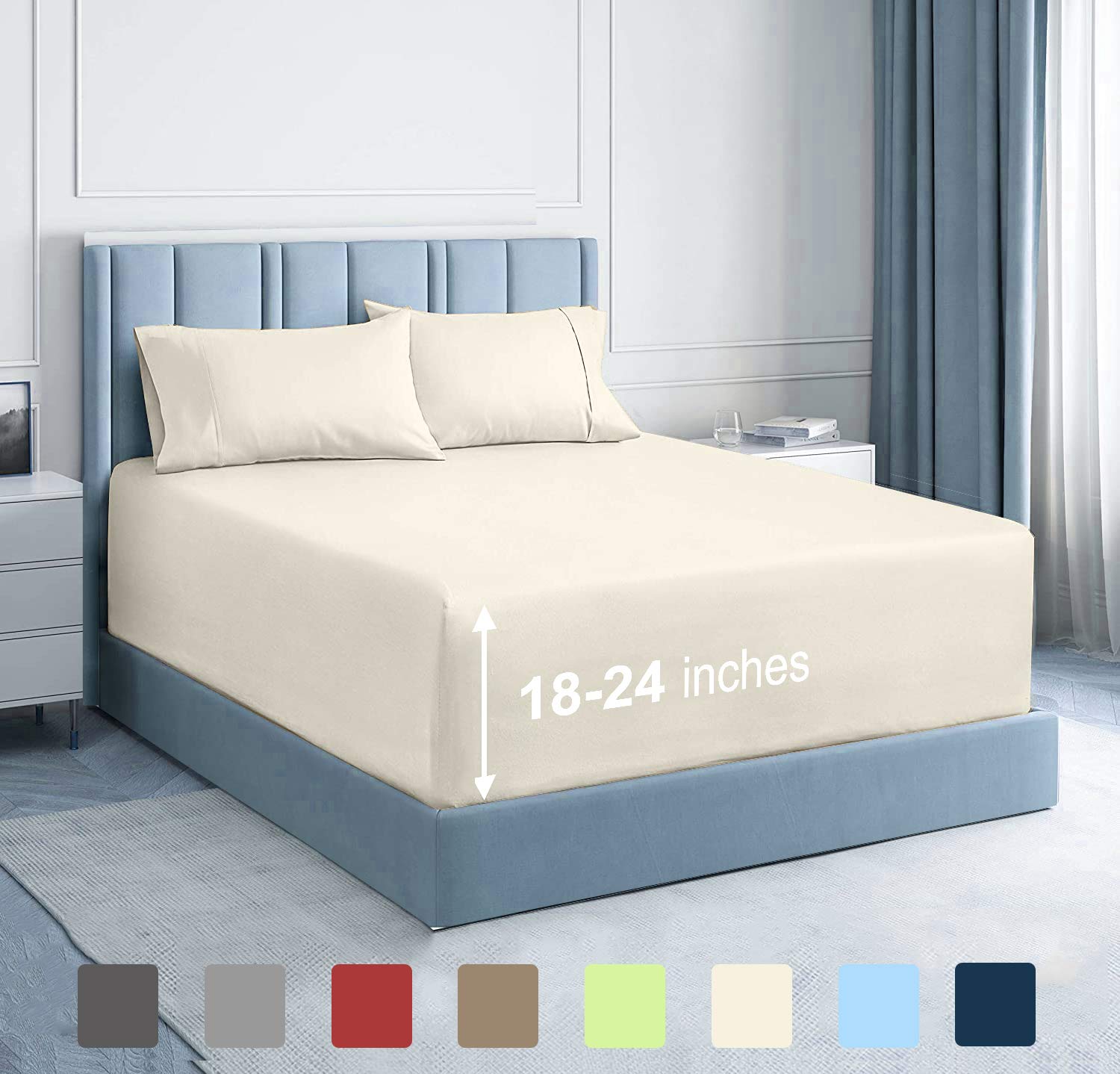 Premium 18-24 Inch Extra Deep Pocket Queen Sheet Set - 4 Piece Soft & Breathable Bedding for Thick Mattresses (Ivory) - Perfect for Guest Rooms, Dorms & Luxury Hotels
