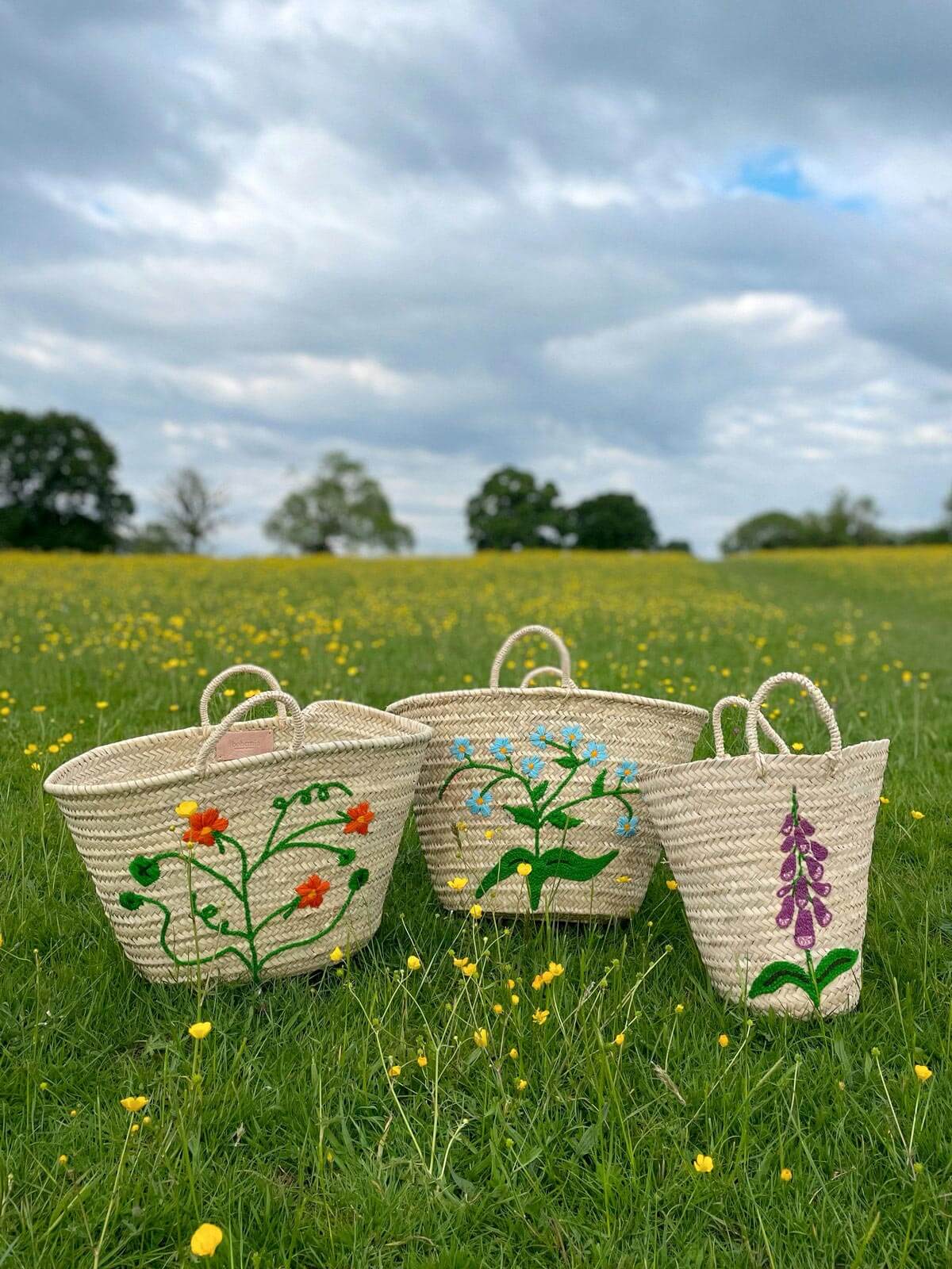 Hand Embroidered Foxglove Bucket Basket - Boho Home Decor Storage for Blankets, Toys & Magazines | Perfect for Living Room, Nursery & Bedroom Organization