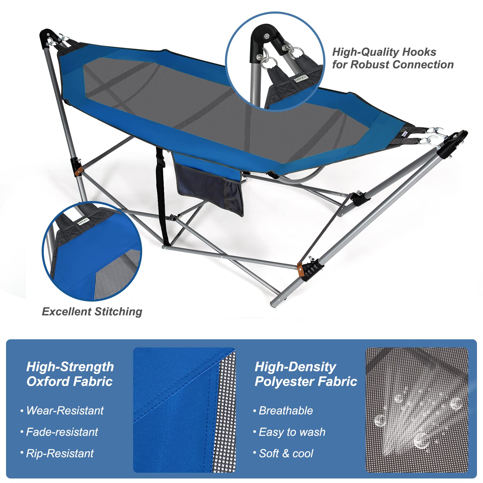 Giantex Portable Folding Hammock Stand with Side Pocket - Heavy Duty Steel Frame Camping Bed for Indoor Outdoor Use - Perfect for Backyard, Patio, Beach & Travel - Anti-Tip Buckles & Iron Stand Included (Blue)