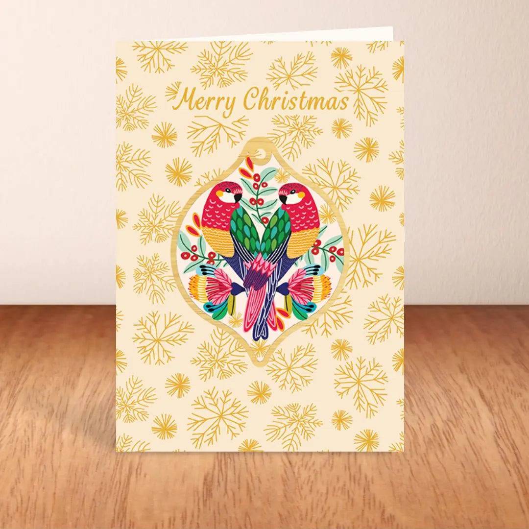 Rosella Birds Christmas Card & Wooden Ornament - Festive Holiday Greeting Card with Handcrafted Wooden Bauble for Tree Decorations and Gift Giving