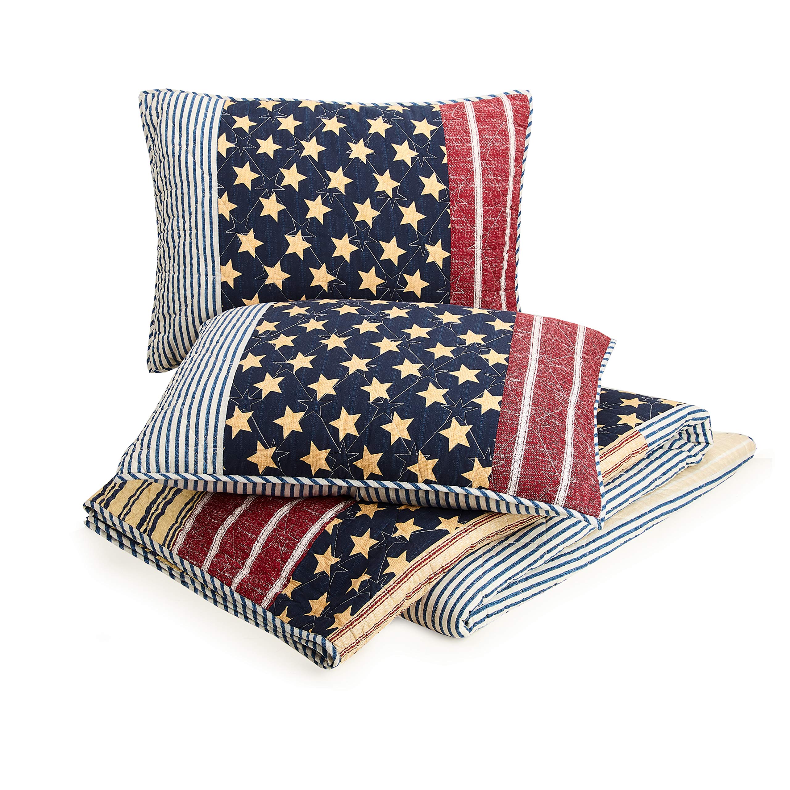 Americana King Size Quilt Set with 2 Shams - Reversible 3-Piece Lightweight Coverlet in Red & Blue - All Seasons Bedding for Rustic Farmhouse, Lodge, or Cabin Decor