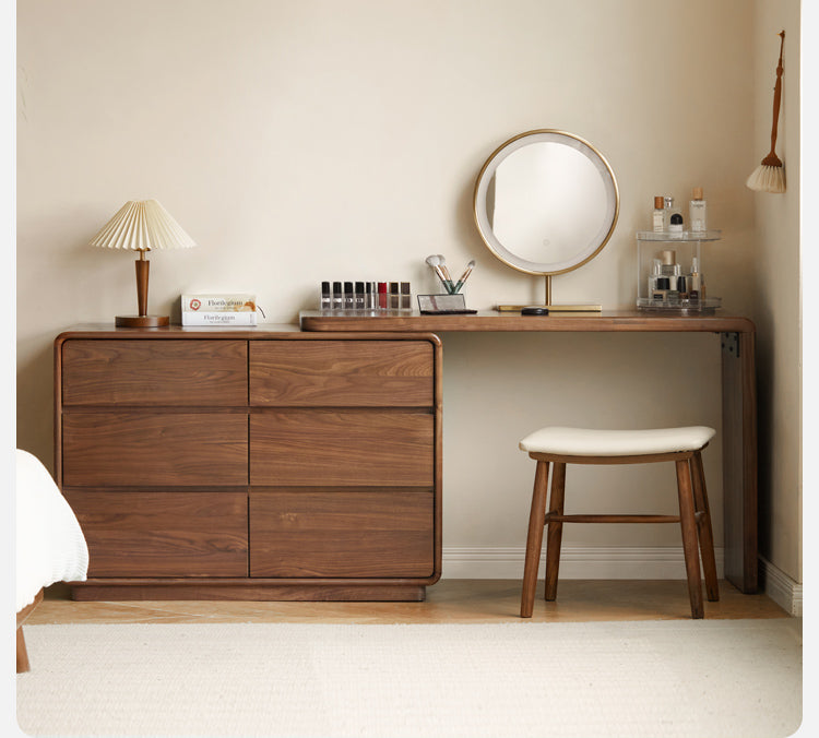 Premium Black Walnut & Golden Sandalwood Solid Wood Extendable Vanity Dressing Table - Perfect for Bedroom Makeup, Beauty Salon & Home Decor