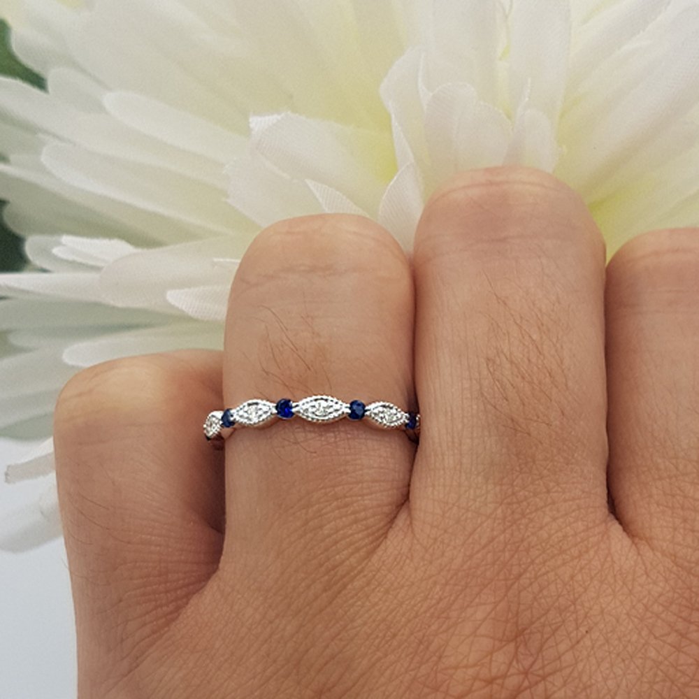 10K Solid Gold Round Blue Sapphire & White Diamond Women's Wedding Eternity Band Stackable Ring - Perfect for Bridal Jewelry, Anniversary Gifts, and Everyday Elegant Stacking