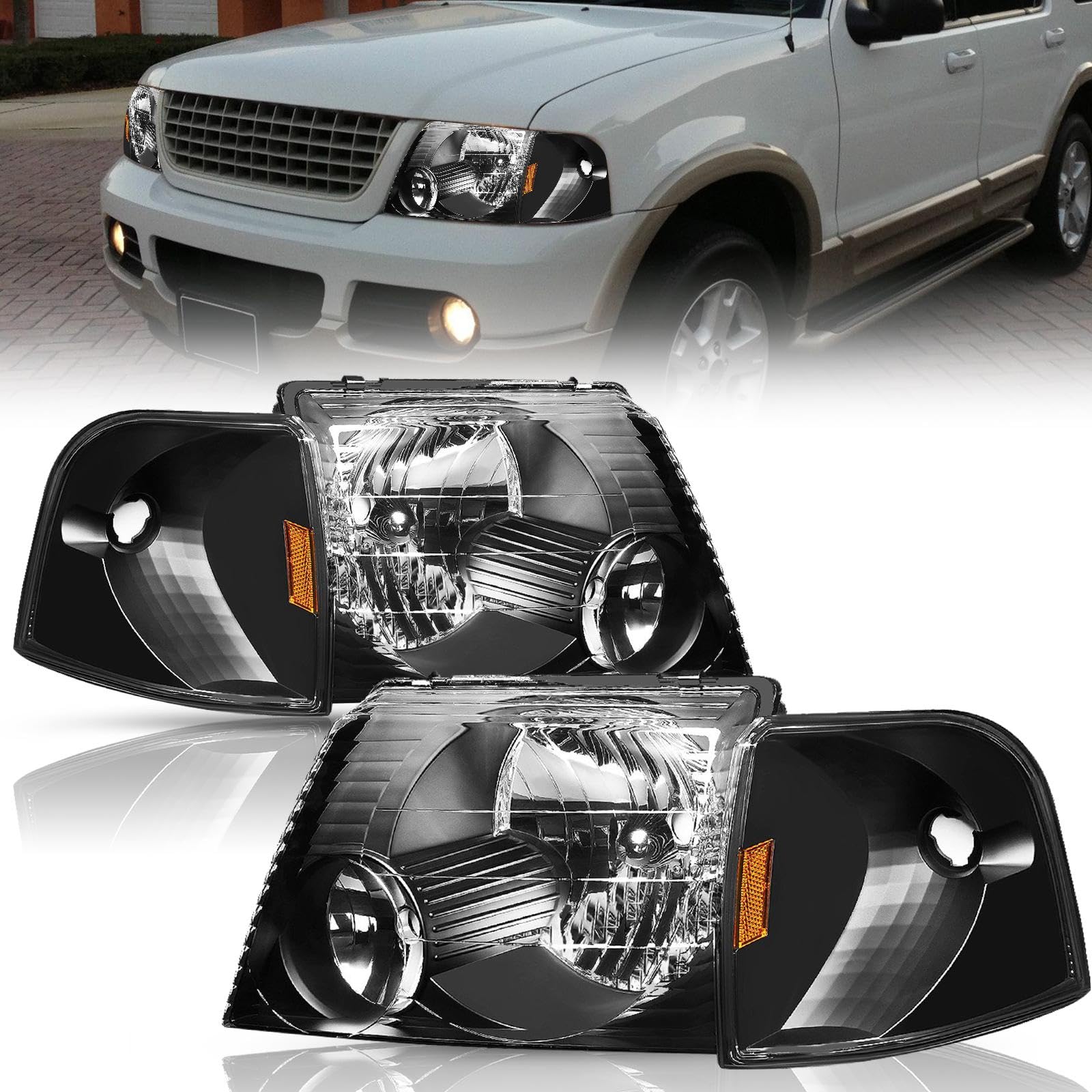 Ford Explorer Headlight Assembly 2002-2005 - Driver & Passenger Side Headlamp with Corner Lights (4-Piece Set) - Black Housing & Amber Reflector - Perfect for Night Driving & Off-Road Adventures