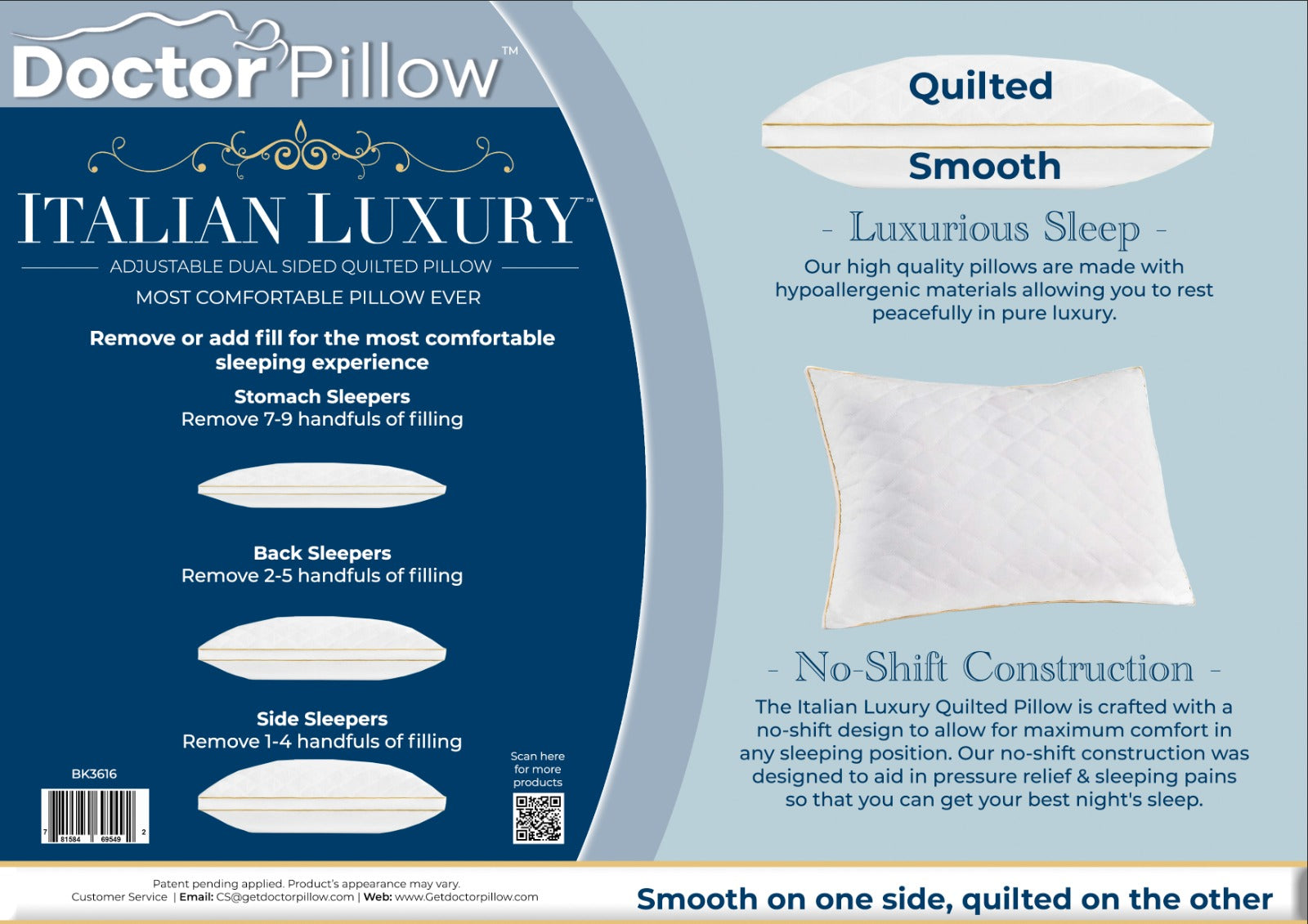 Italian Luxury Adjustable Quilted Pillow Set of 2 - Soft & Supportive for Bed, Sofa & Travel - Perfect for Home Decor, Office & Gift Giving