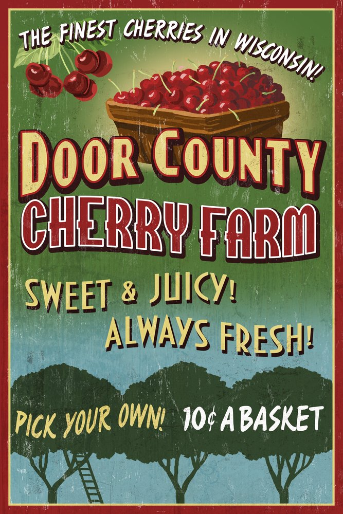 Vintage Cherry Sign Art Print - Door County Wisconsin Wall Decor Poster (24x36 Signed Print, Farmhouse & Rustic Home Decor) - Perfect for Living Room, Kitchen, or Office Wall Art