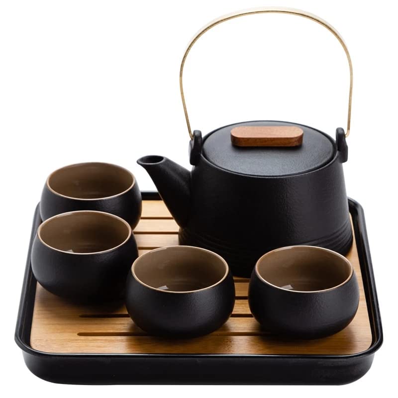 Premium Japanese Style Black Ceramic Kung Fu Tea Set - Handcrafted Teapot with 4 Cups & Storage Bag | Perfect for Home, Office & Travel Tea Ceremonies | Traditional Asian Tea Accessories for Relaxation & Gifting