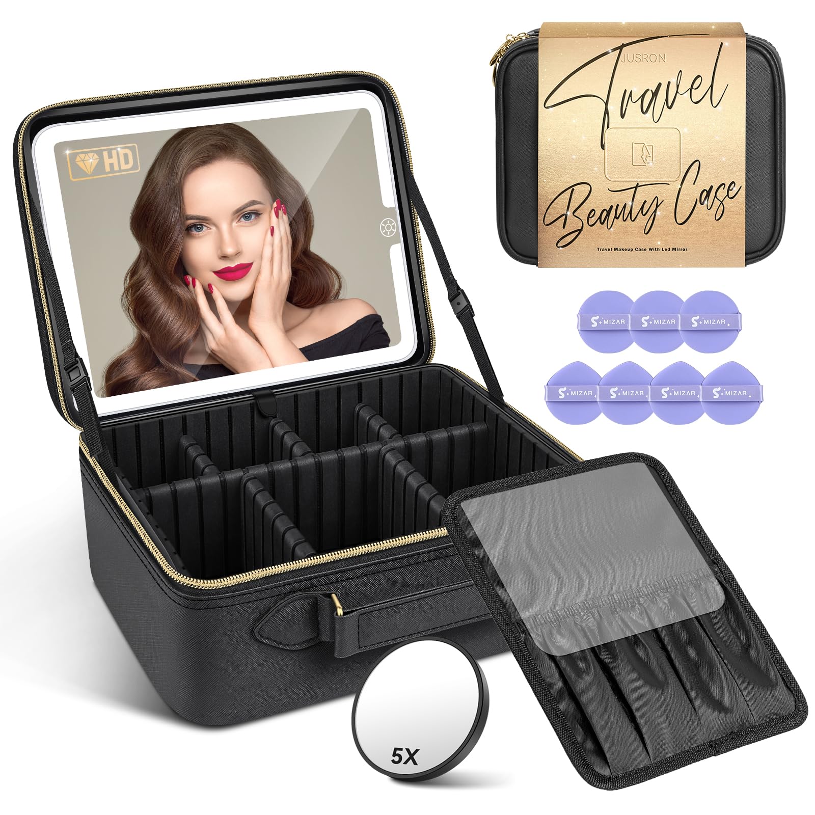 JUSRON LED Travel Makeup Bag with Mirror - Portable Organizer for Makeup Artists & Travel Use
