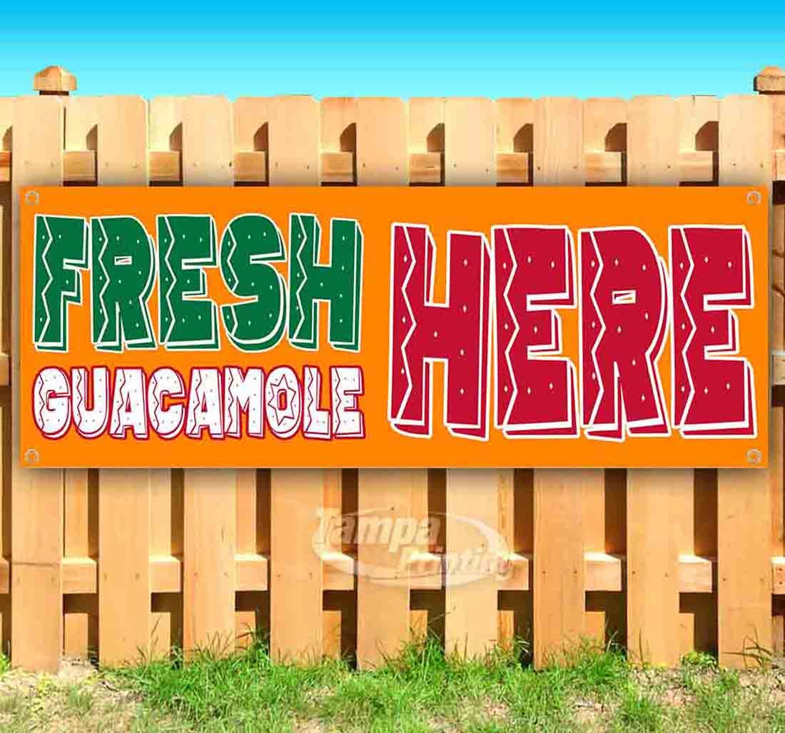Premium Fresh Guacamole Here Banner 13 oz - Heavy-Duty Vinyl Sign with Metal Grommets | Single-Sided Non-Fabric Restaurant Decor | Perfect for Taco Shops, Mexican Restaurants & Food Trucks
