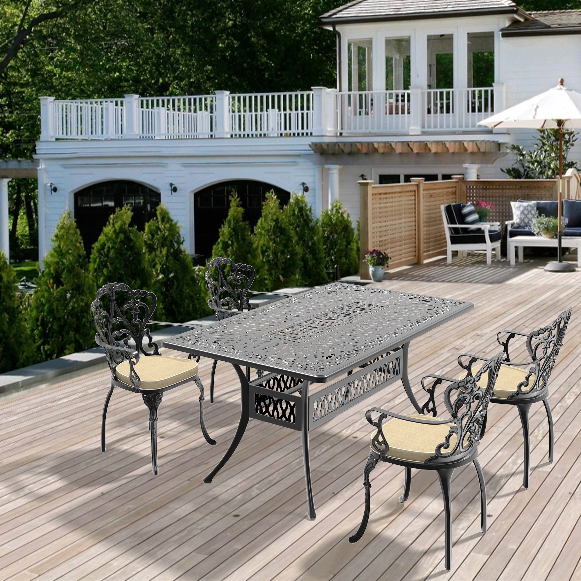 5-Piece Cast Aluminum Patio Furniture Set with Cushions - Outdoor Dining & Lounge Chairs - Durable Weather-Resistant Garden Furniture for Poolside, Backyard, Deck or Patio