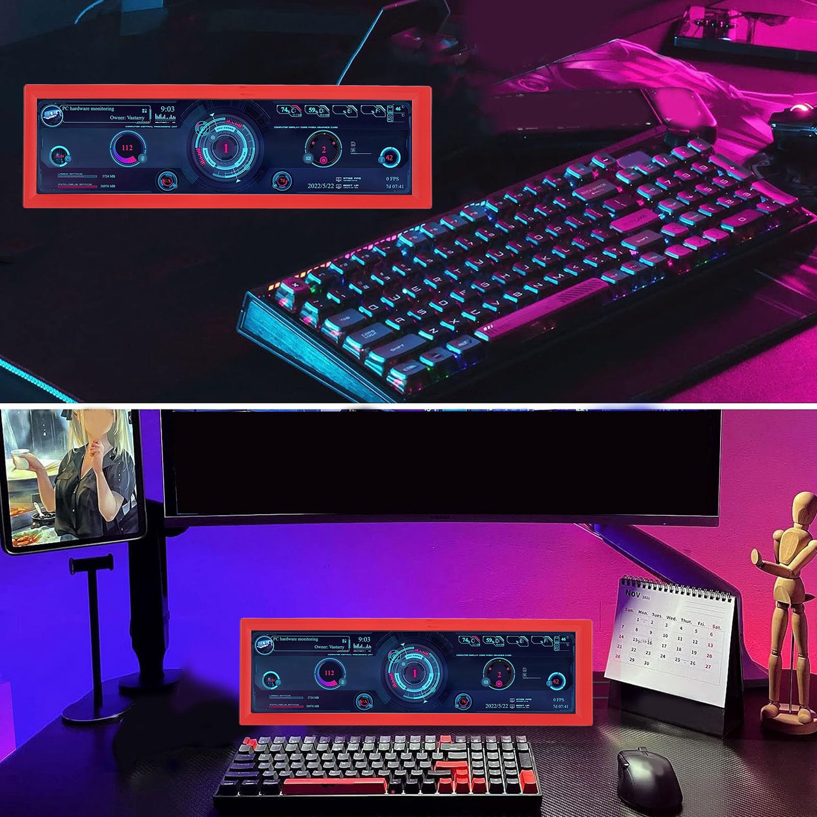 CICIGLOW 8.8 Inch PC Temperature Monitor - HD IPS 1920x480 Display with Mini HDMI/USB, Real-Time CPU GPU RAM FPS HDD Data Tracking for Gaming & Workstations (Red) - Perfect for Streamers, Overclockers & PC Enthusiasts