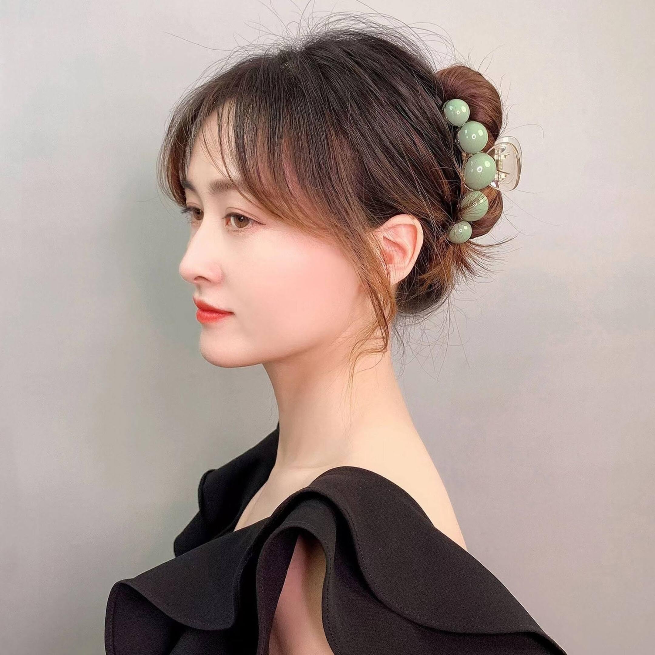 Korean Style Large Hair Claw Clip - RedChimes Thick Hair Clutcher with Green Pearl (2 Pack) | Fashion Hair Accessories for Women & Girls | Perfect for Updos, Ponytails & Everyday Styling