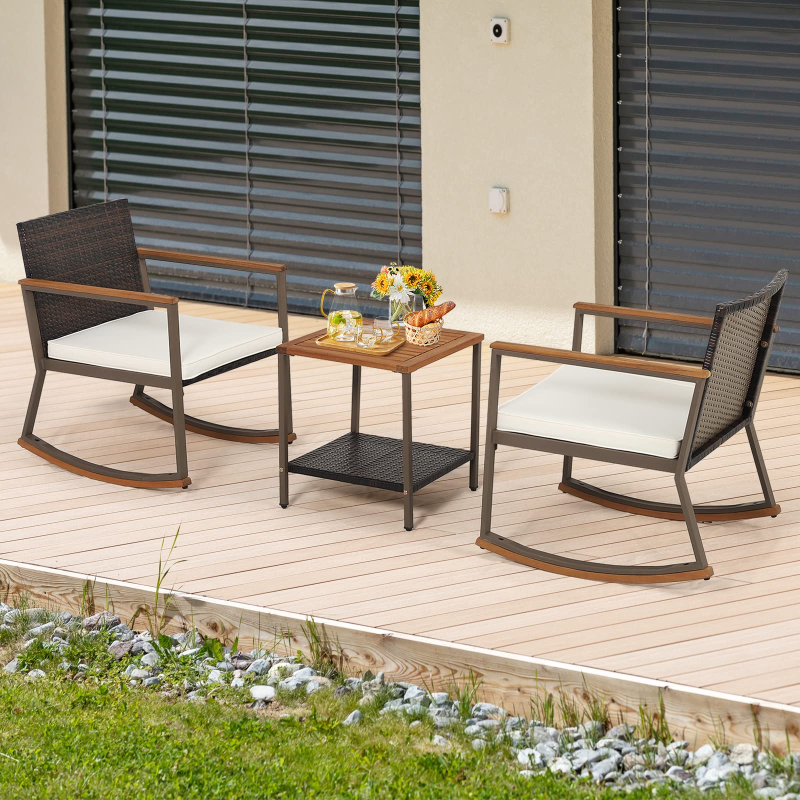 Tangkula 3-Piece Outdoor Rocking Bistro Set with Coffee Table & Cushions - Patio Rattan Furniture for Balcony, Porch, Poolside - Perfect for Relaxing, Entertaining & Outdoor Dining (Off White)