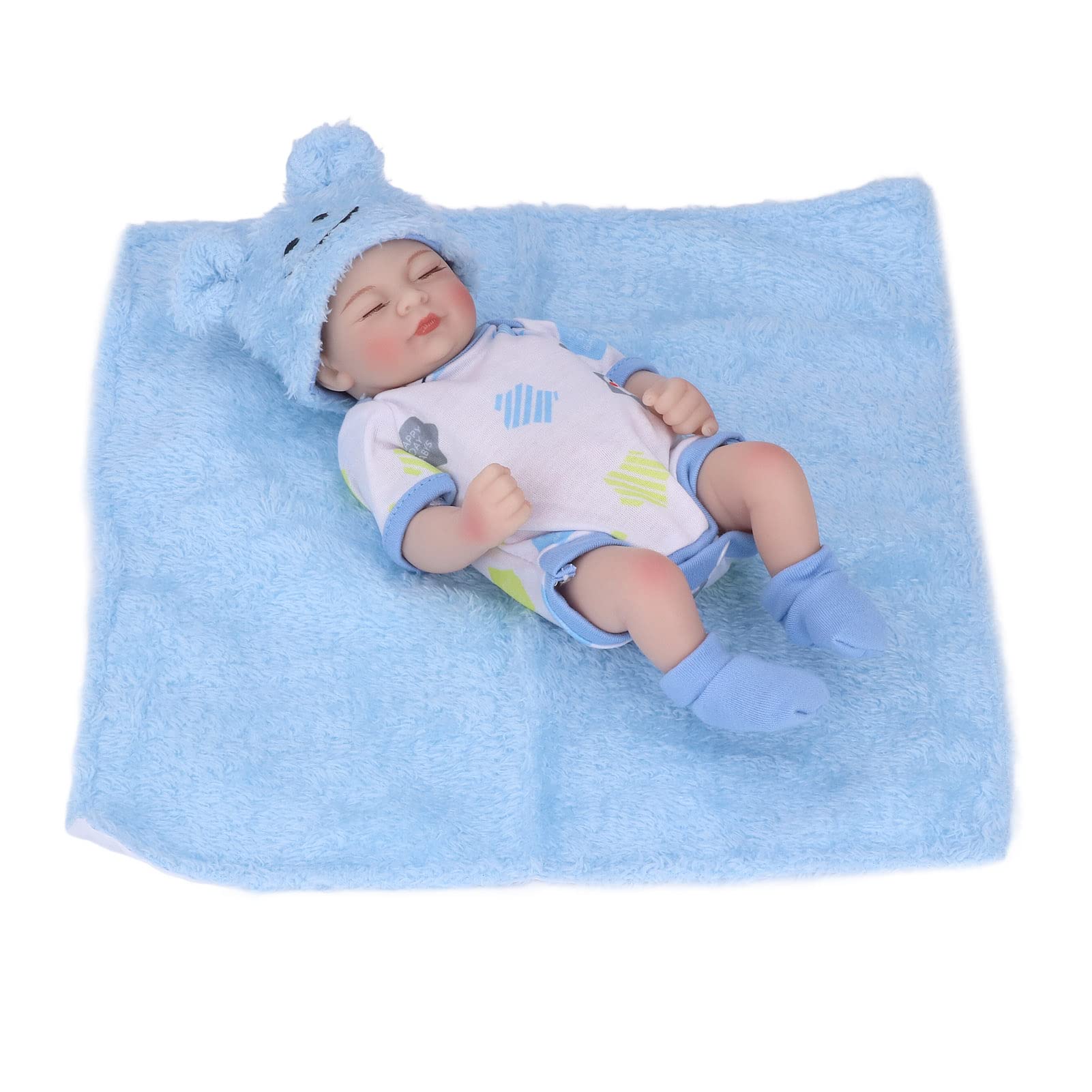 VGEBY 10in Realistic Washable Soft Silicone Sleeping Baby Doll Set - Newborn Boy Doll with Clothes, Blanket & Accessories (Blue Eyes, Curly Hair) - Perfect Gift for Toddlers, Role Play & Nursery Decor