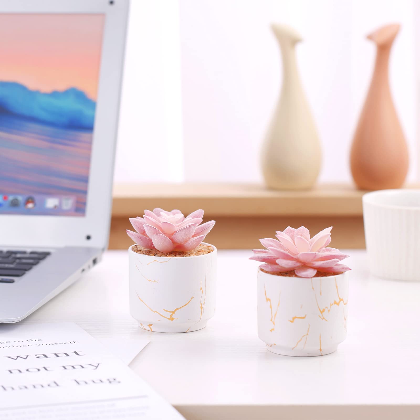Small Artificial Plants & Succulents in White Ceramic Pots - Fake Plants for Office Desk, Bathroom, Bedroom & Shelf Decor - Perfect for Home, Office & Gift Giving