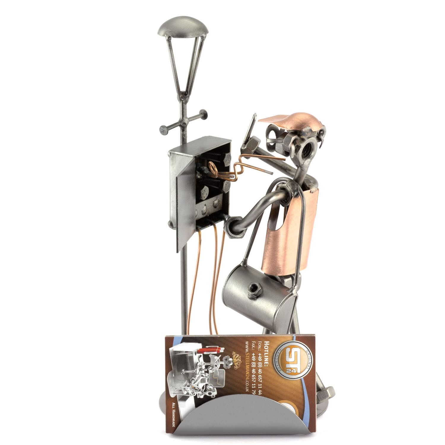 Handmade Metal Electrician Sculpture with Personal Engraving - Nuts & Bolts Business Card Holder - German-Made Desk Decor for Office, Workshop & Gifts
