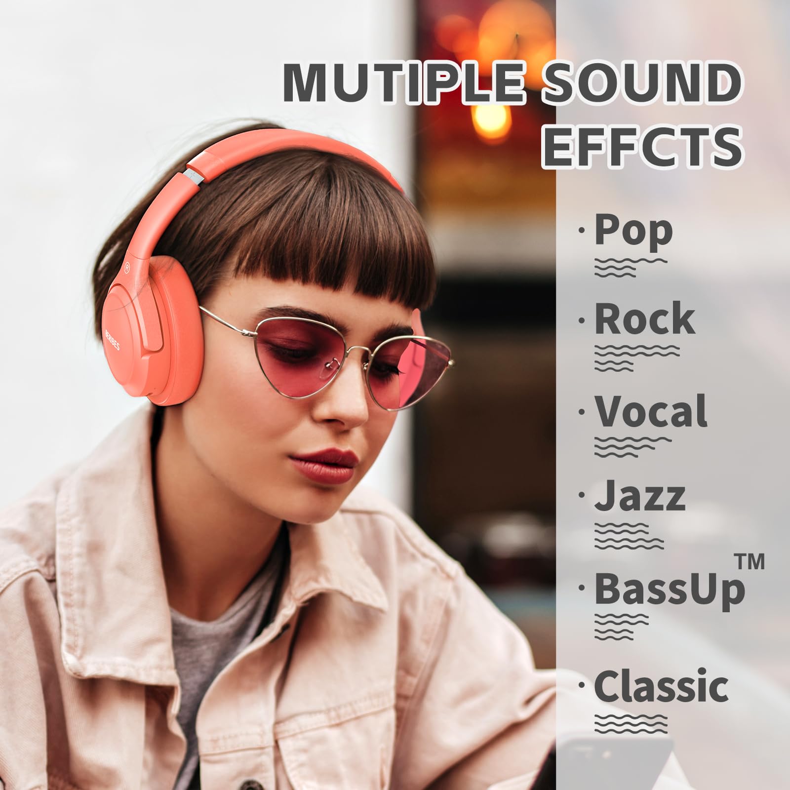 BERIBES Bluetooth Headphones Over Ear - 65H Playtime, 6 EQ Modes, HiFi Stereo with Mic - Foldable Lightweight Wireless Headset for Deep Bass (Orange Red) - Perfect for Home, Office, Gym & Travel