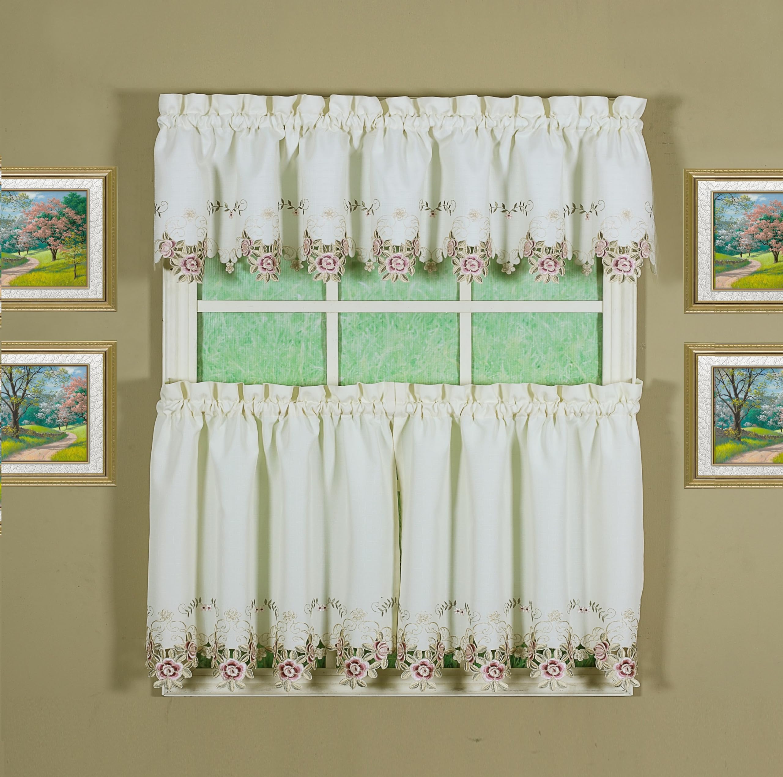 Verona Reverse Embroidery Tier Curtain 24 Inch - Ecru & Rose Floral Window Drapes for Living Room, Bedroom & Home Decor