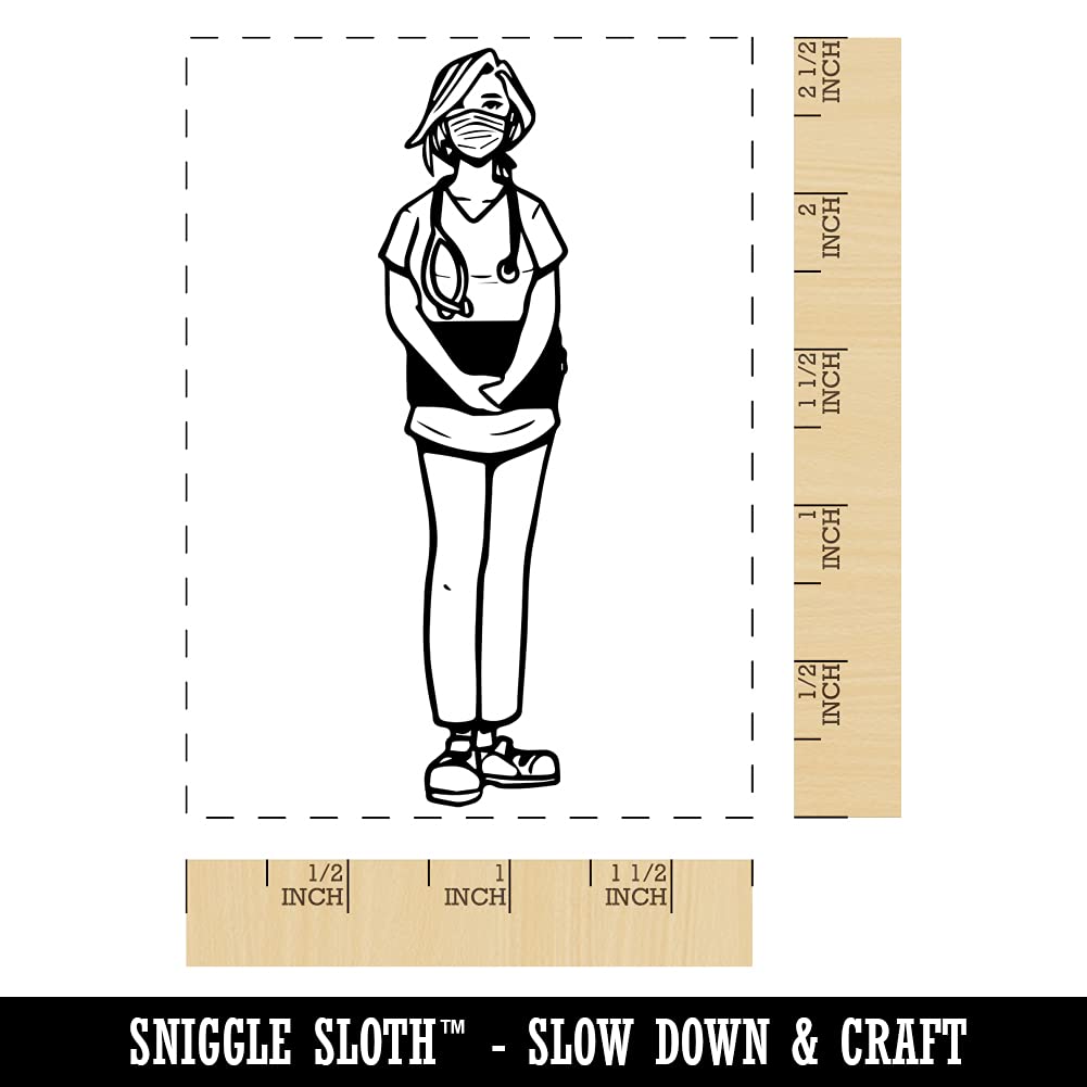 Professional Nurse Standing in Scrubs with Clipboard - 2.5 Inch Large Rectangle Rubber Stamp for Crafting, Scrapbooking & Medical Documentation | Perfect for Nursing Gifts, DIY Projects & Office Use