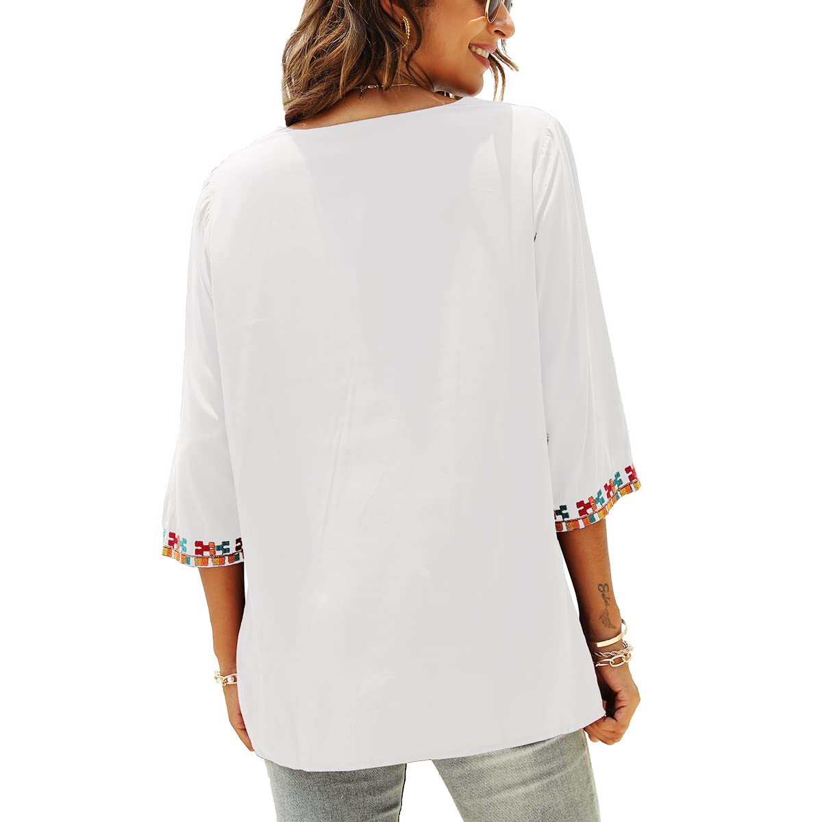 LauraKlein Women's Summer Boho Embroidery Mexican Bohemian Tops - V Neck 3/4 Sleeve Casual Loose Blouse Tunic for Beach, Festival & Vacation Wear