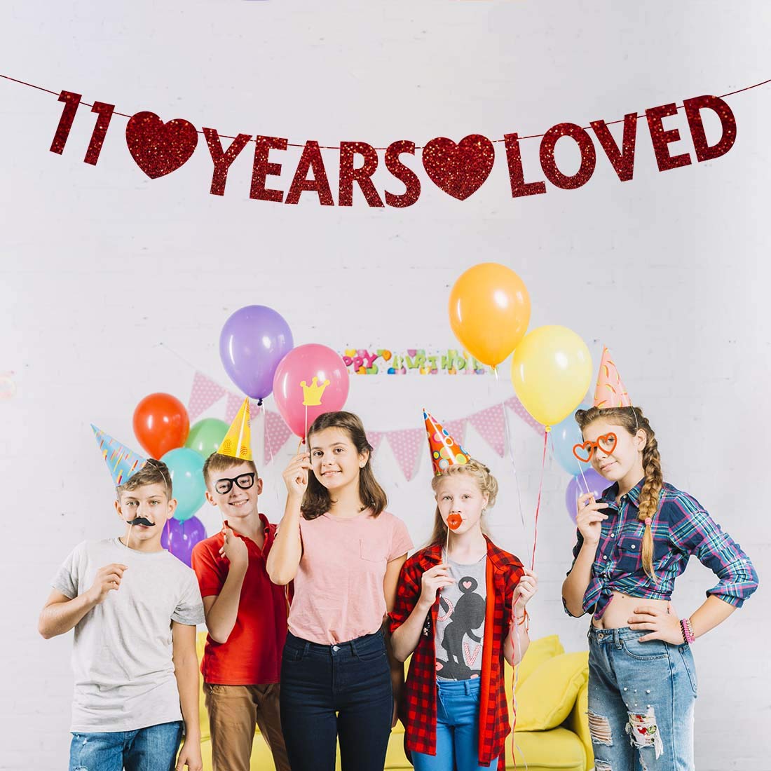 Red Glitter Happy 11th Birthday Banner - Premium Party Decorations for 11 Year Old Birthday Celebrations, Home Decor & Photo Backdrops