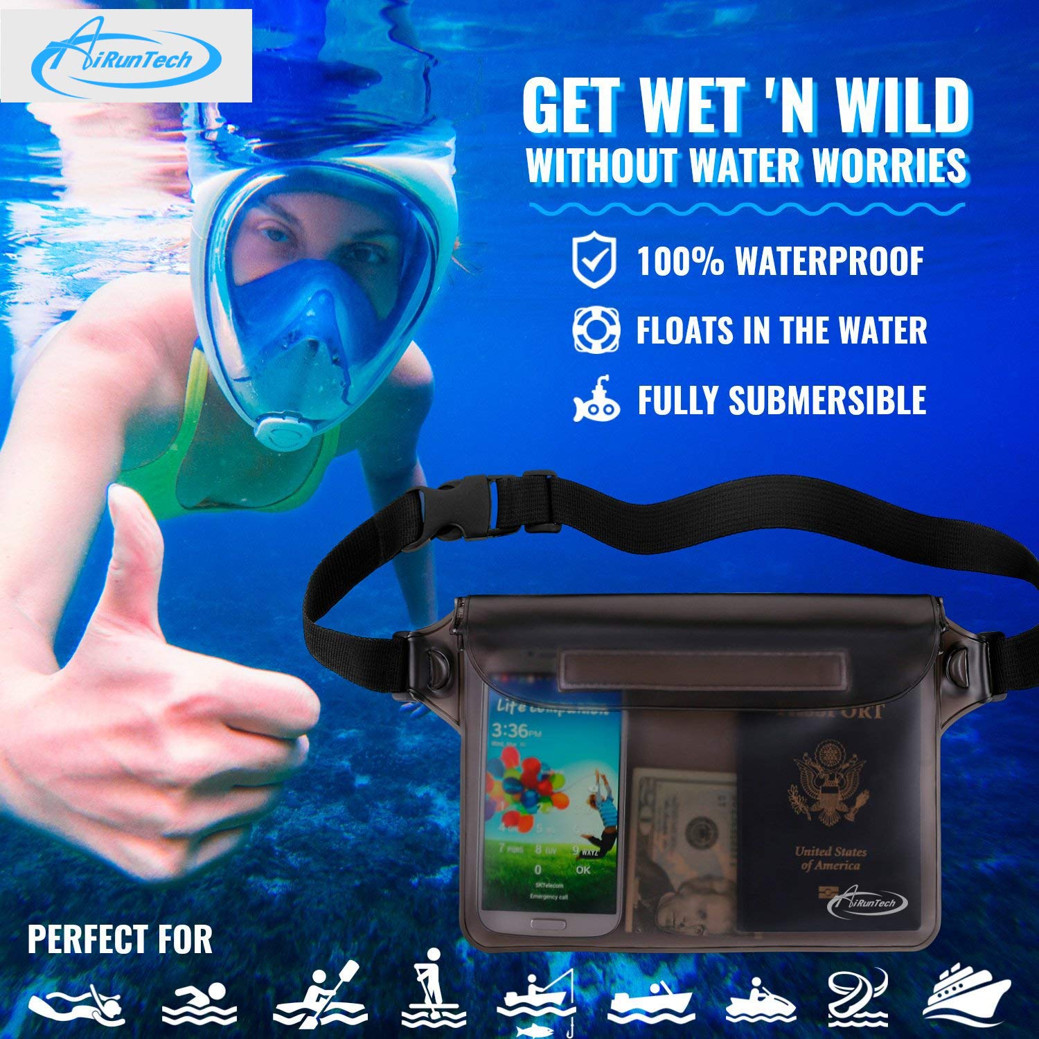 AiRunTech Waterproof Fanny Pack & Phone Pouch Set (2 Waist Bags + 2 Phone Cases) - IPX8 Waterproof Dry Bag for iPhone 15/14/13/12/11 Pro Max - Perfect for Snorkeling, Beach, Cruise, Kayaking, Pool & Swimming Activities
