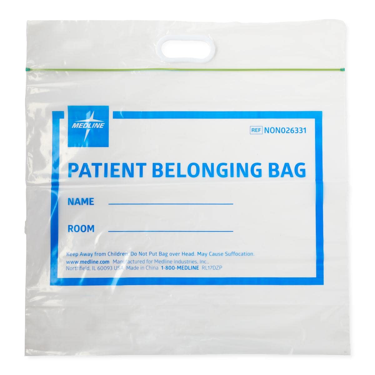 Medline Clear Plastic Patient Belongings Bag with Zipper Closure & Patch Handle - 20