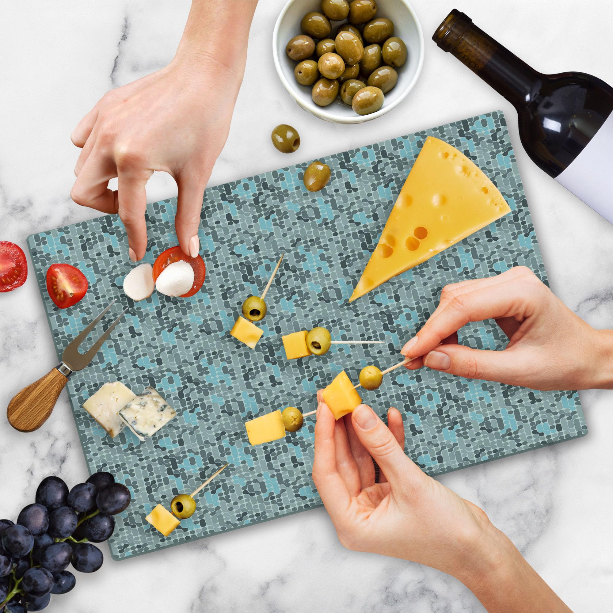 Ambesonne Geometric Cutting Board - Modern Circular Maze Design, Tempered Glass Serving & Display Board - Large Size in Pale Blue & Charcoal Grey - Perfect for Cheese Platters, Charcuterie & Home Decor