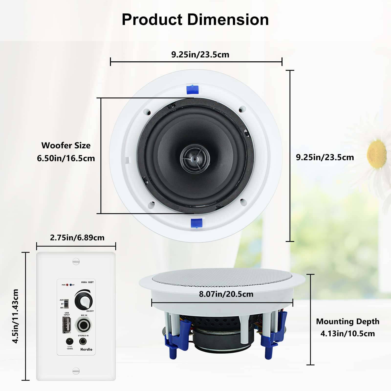 Herdio 6.5 Inch 320W Bluetooth Ceiling Speakers - 2-Way Flush Mount In-Wall Stereo System with Amplifier for Home Theater, Bathroom, Living Room, Kitchen & Office (White, Pair) - Perfect for Whole-House Audio & Background Music